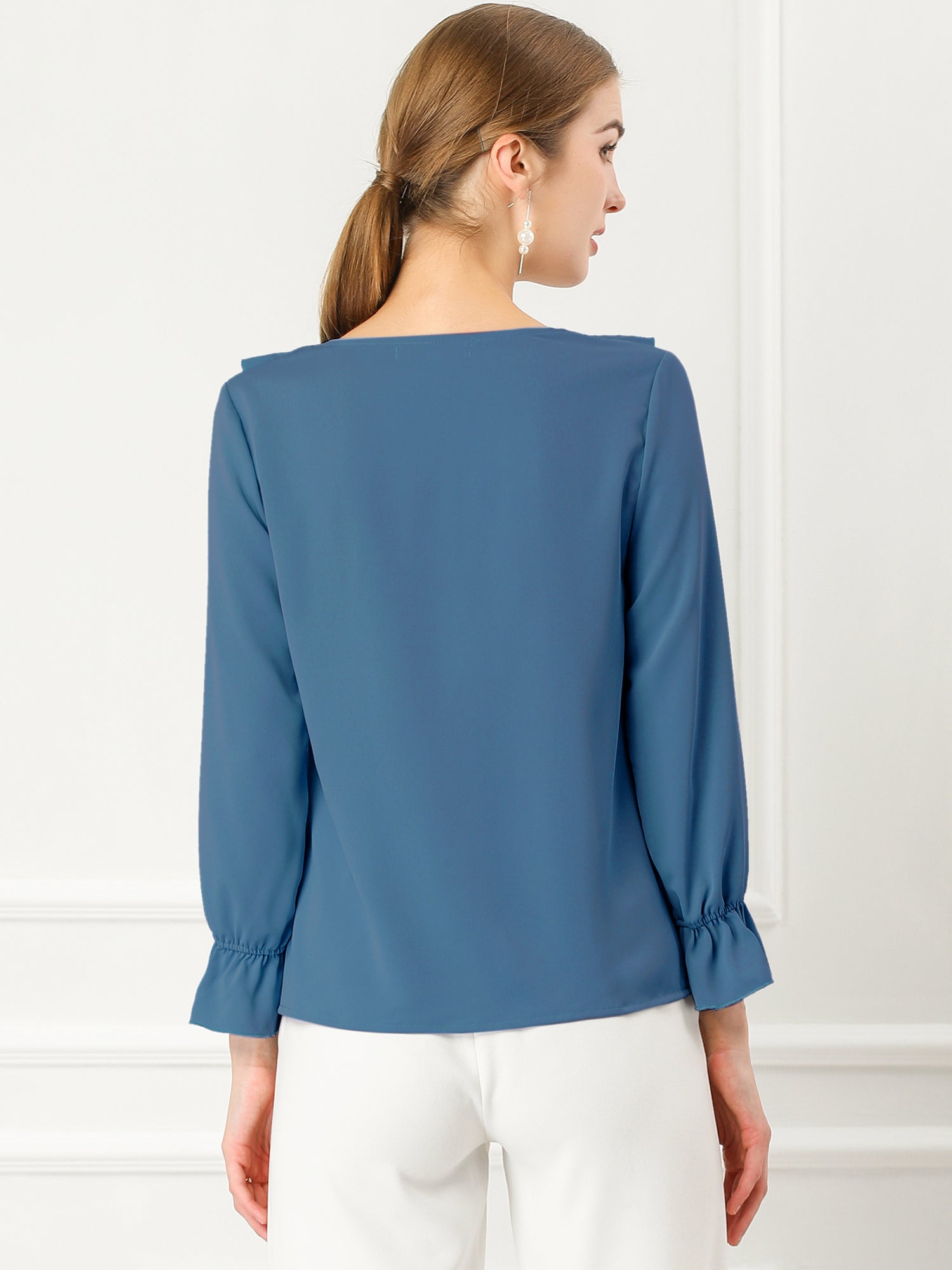 Ruffle Neck Gathered Cuff Long Sleeves Blouse