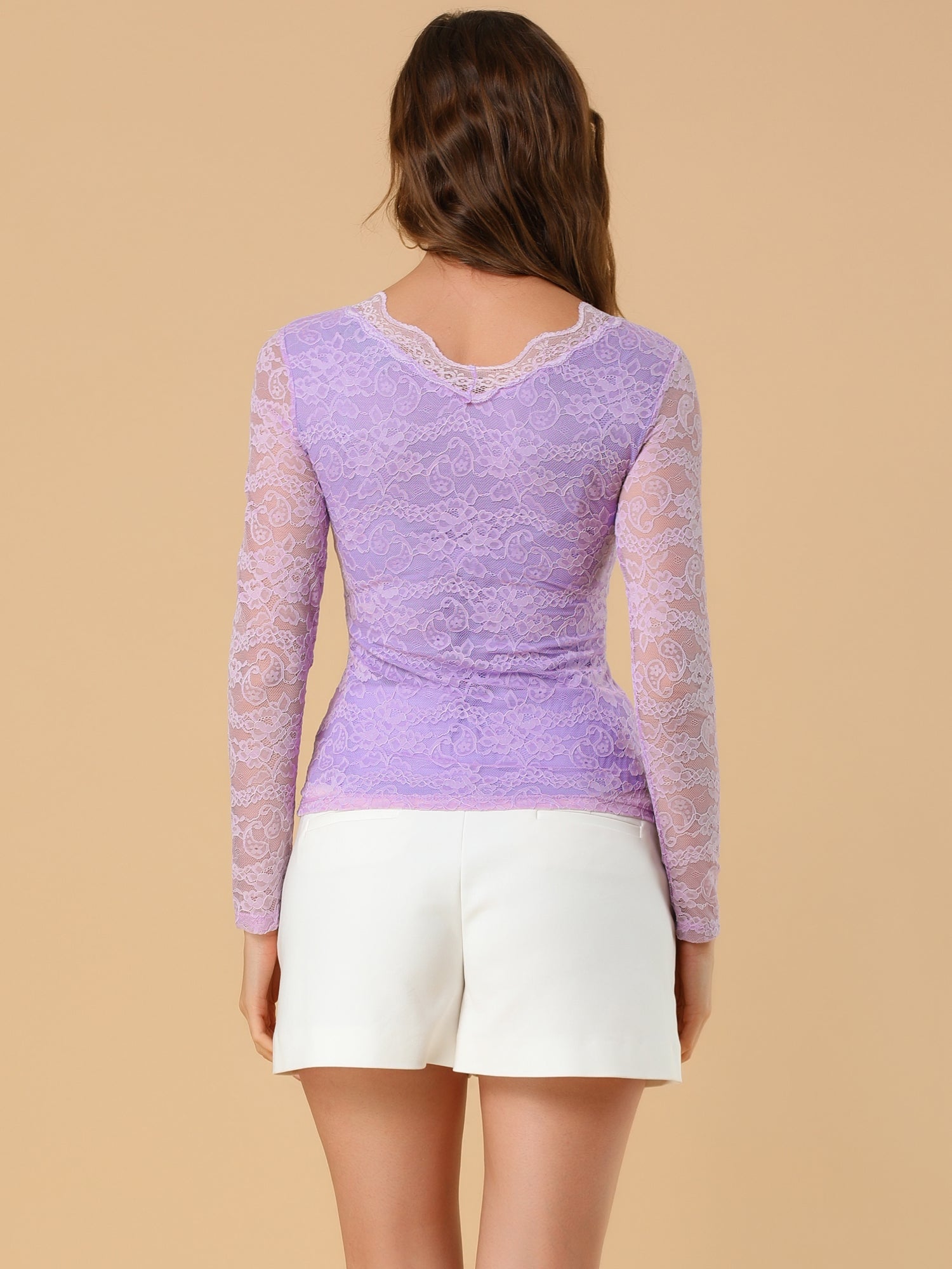 Floral Embroidery Sheer Long Sleeve Lace Blouse Top
