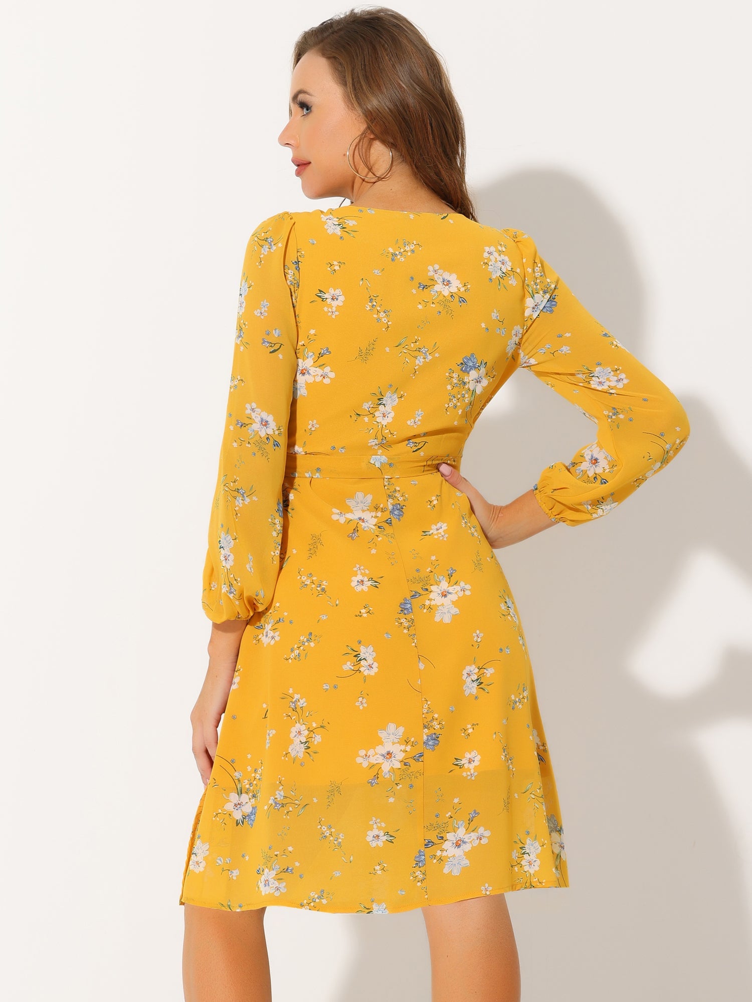 Chiffon Floral V Neck Tie Waist Bishop Sleeve Casual Wrap Midi Dress
