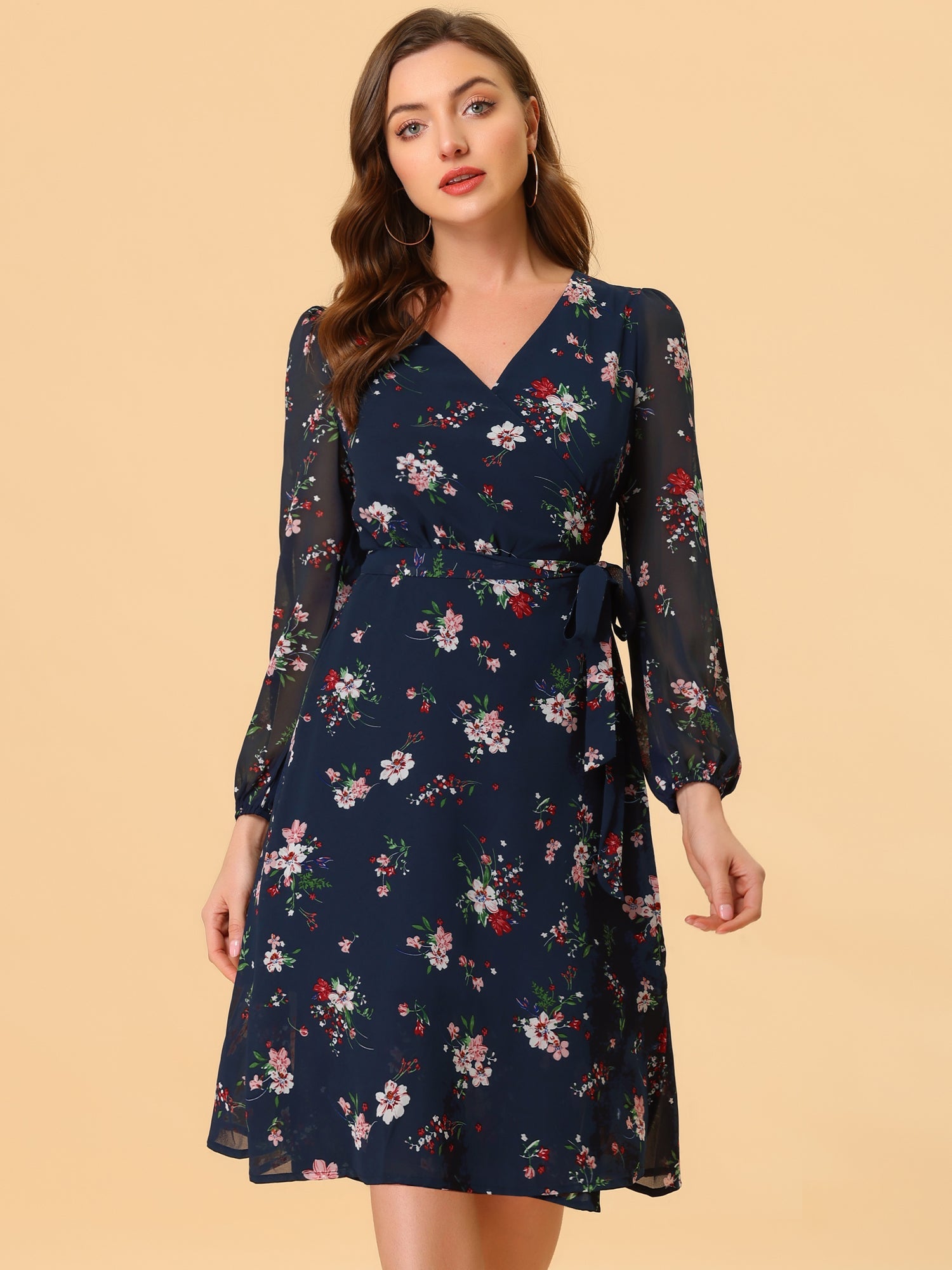 Chiffon Floral V Neck Tie Waist Bishop Sleeve Casual Wrap Midi Dress