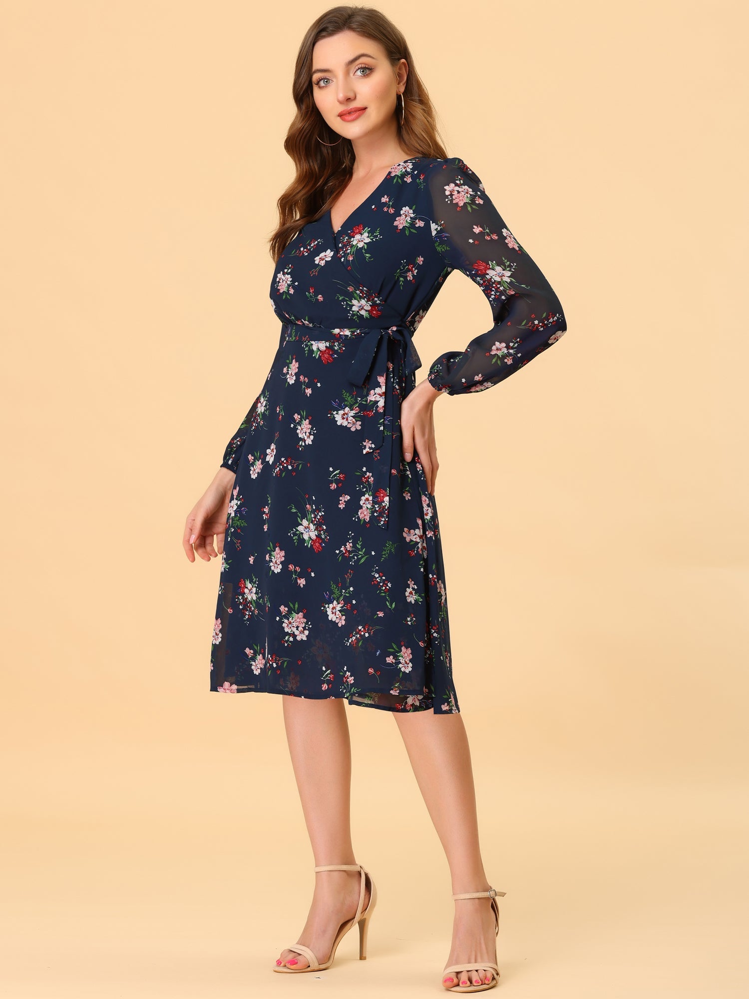 Chiffon Floral V Neck Tie Waist Bishop Sleeve Casual Wrap Midi Dress