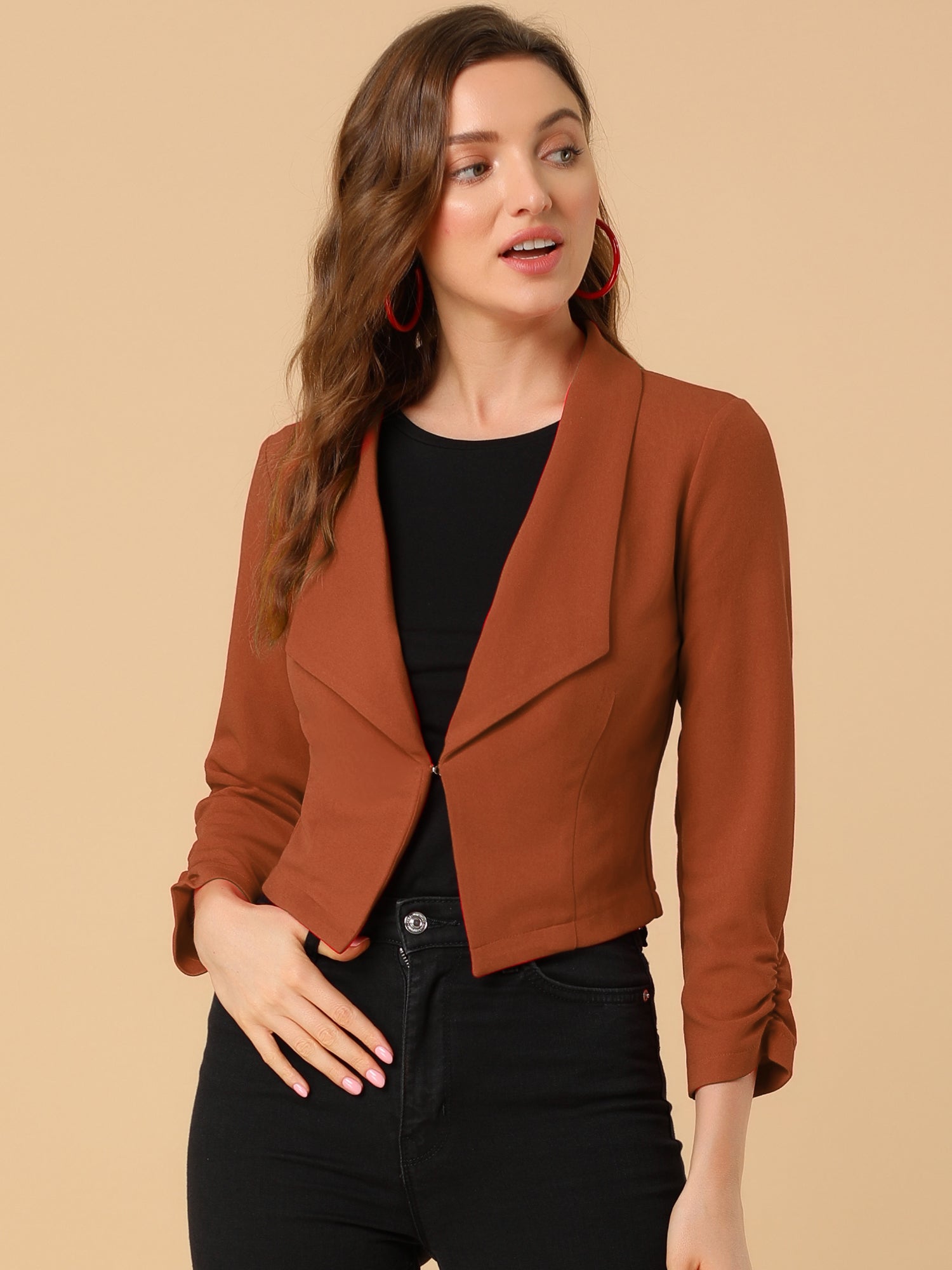 Notched Lapel Ruched Sleeve Business Cropped Jacket Blazer