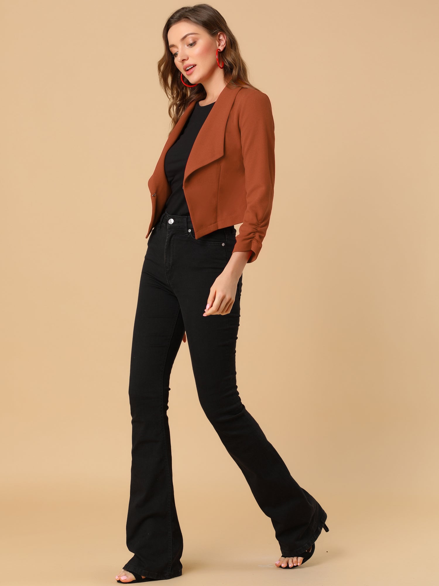 Notched Lapel Ruched Sleeve Business Cropped Jacket Blazer