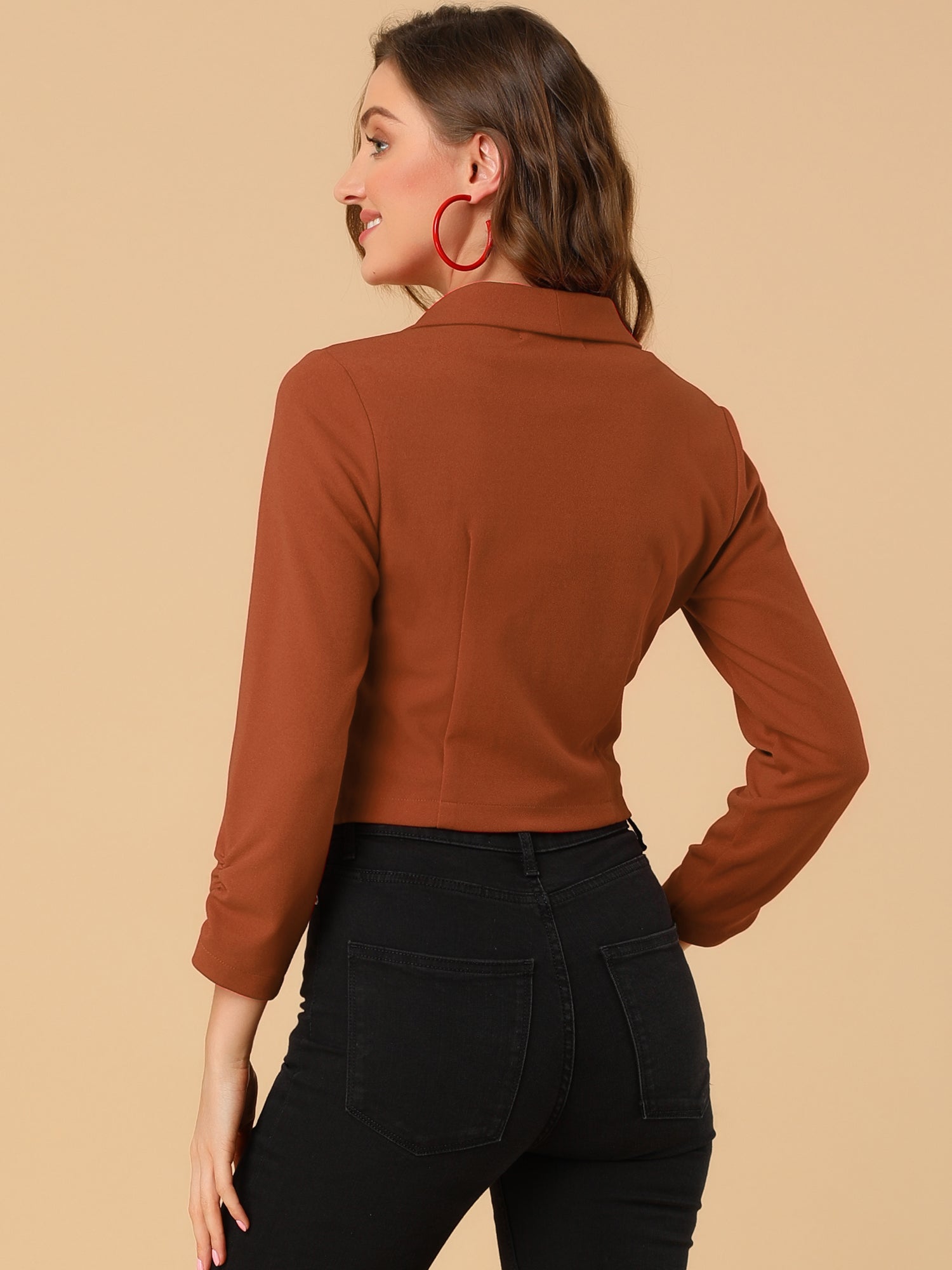 Notched Lapel Ruched Sleeve Business Cropped Jacket Blazer