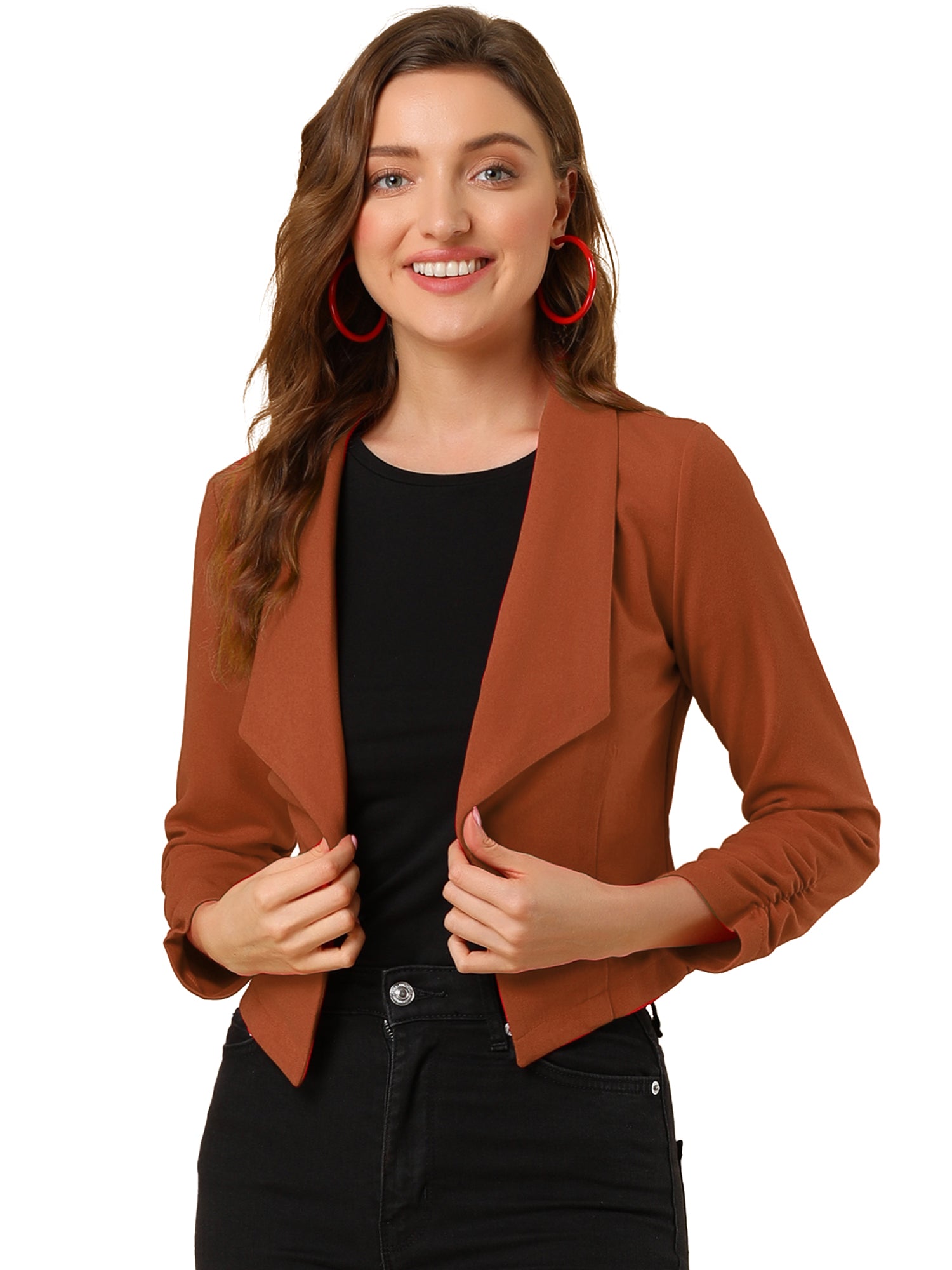Notched Lapel Ruched Sleeve Business Cropped Jacket Blazer