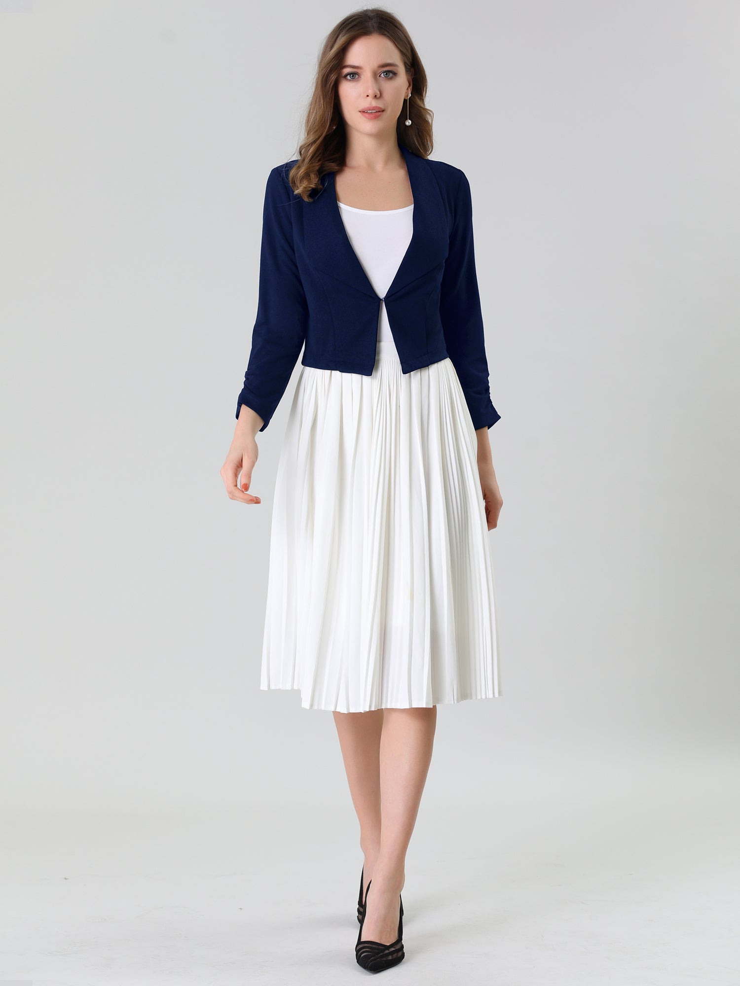 Notched Lapel Ruched Sleeve Business Cropped Jacket Blazer