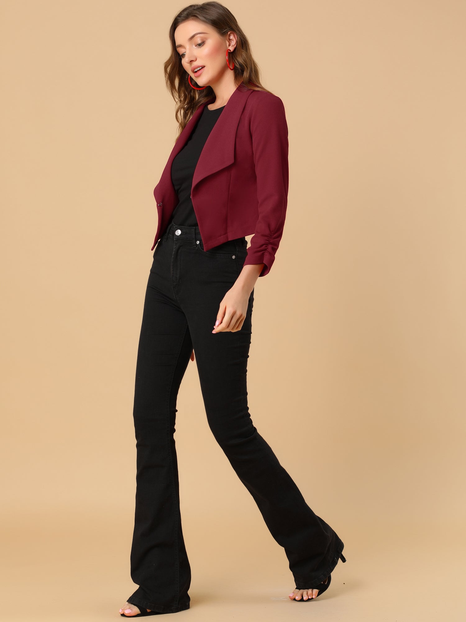 Notched Lapel Ruched Sleeve Business Cropped Jacket Blazer