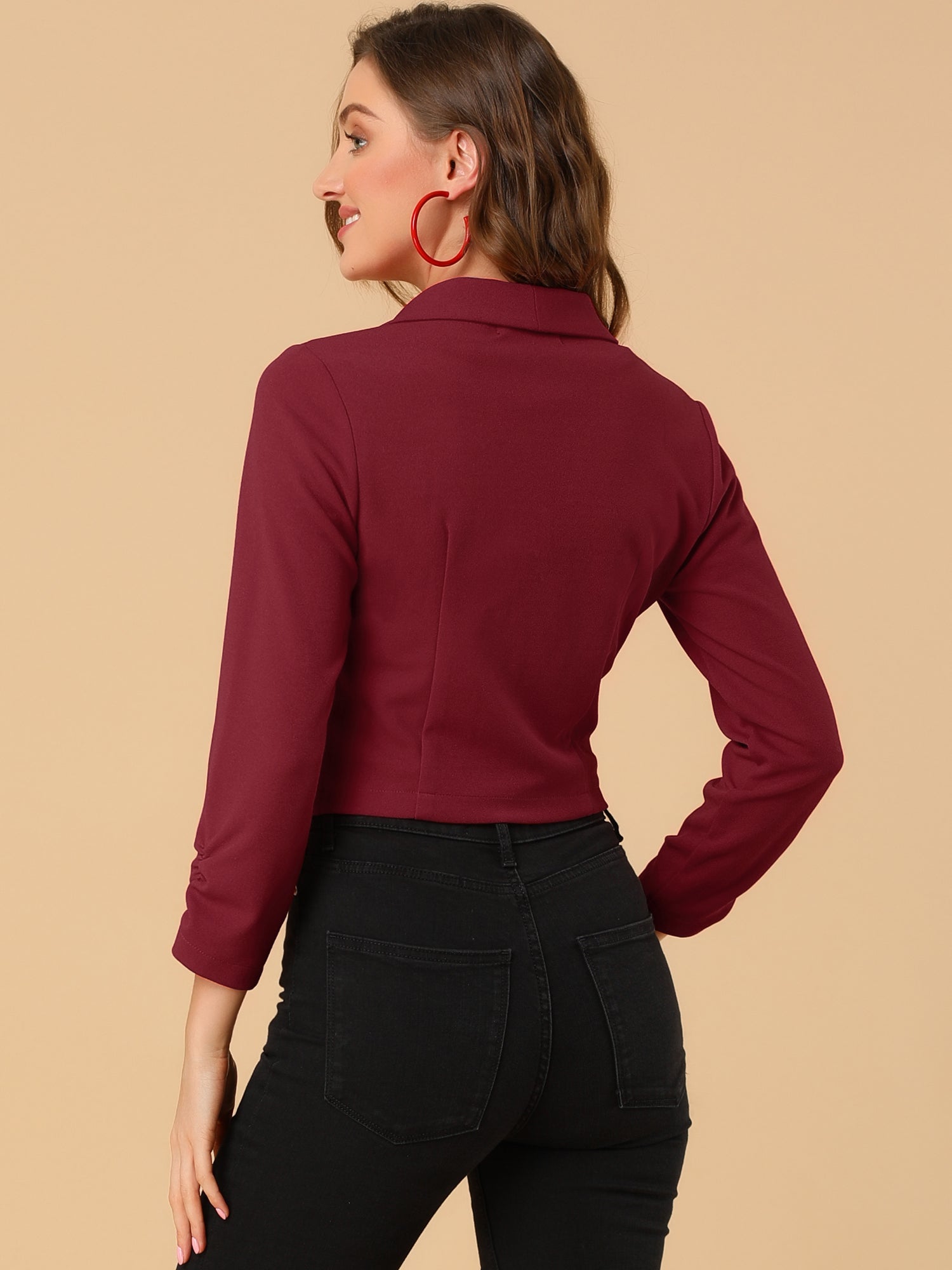 Notched Lapel Ruched Sleeve Business Cropped Jacket Blazer