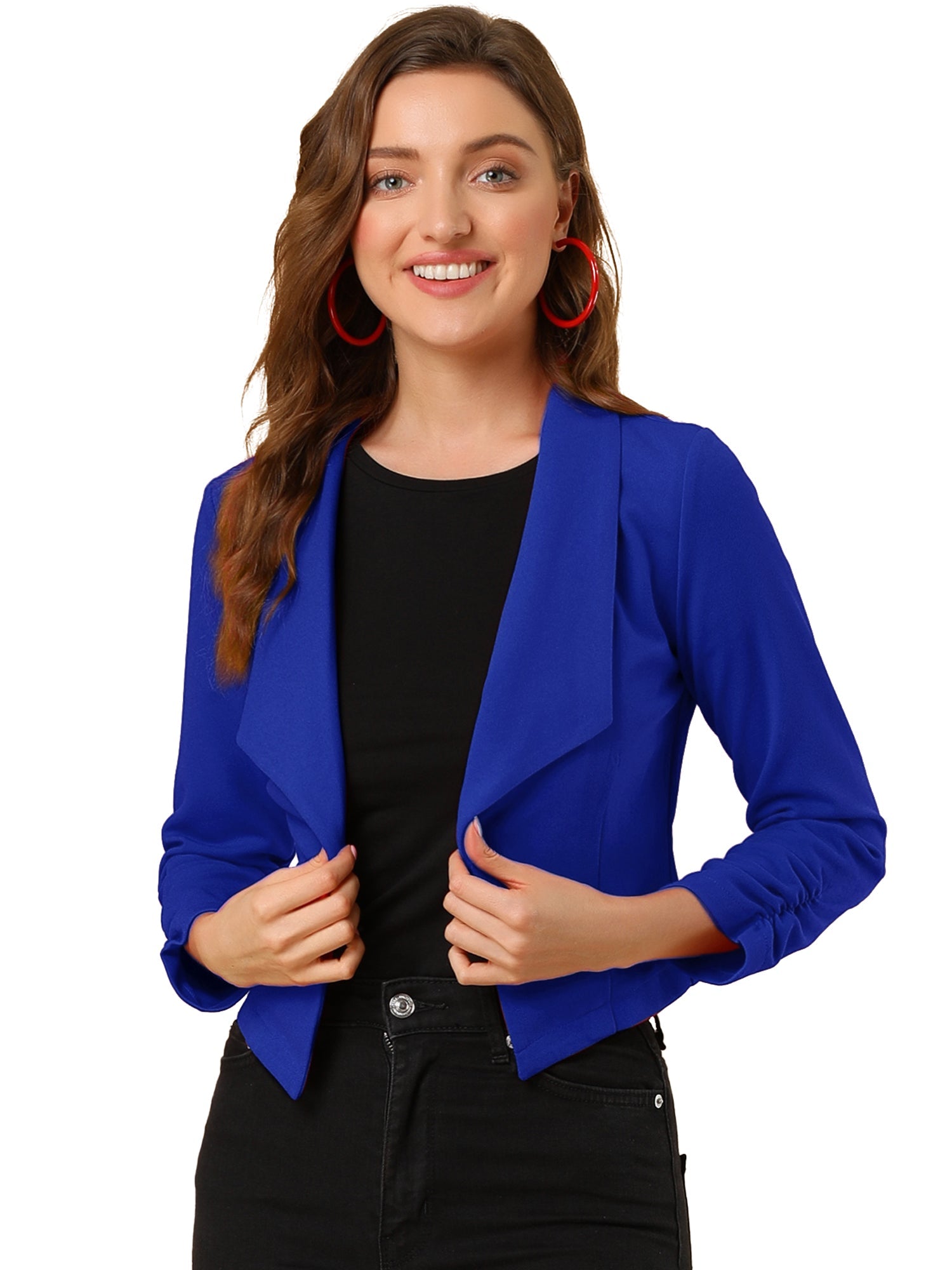 Notched Lapel Ruched Sleeve Business Cropped Jacket Blazer