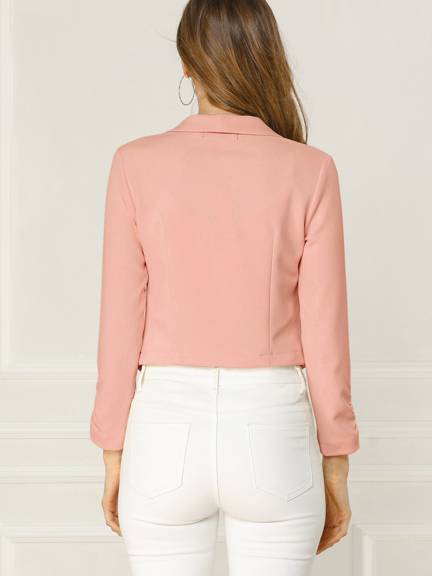 Notched Lapel Ruched Sleeve Business Cropped Jacket Blazer
