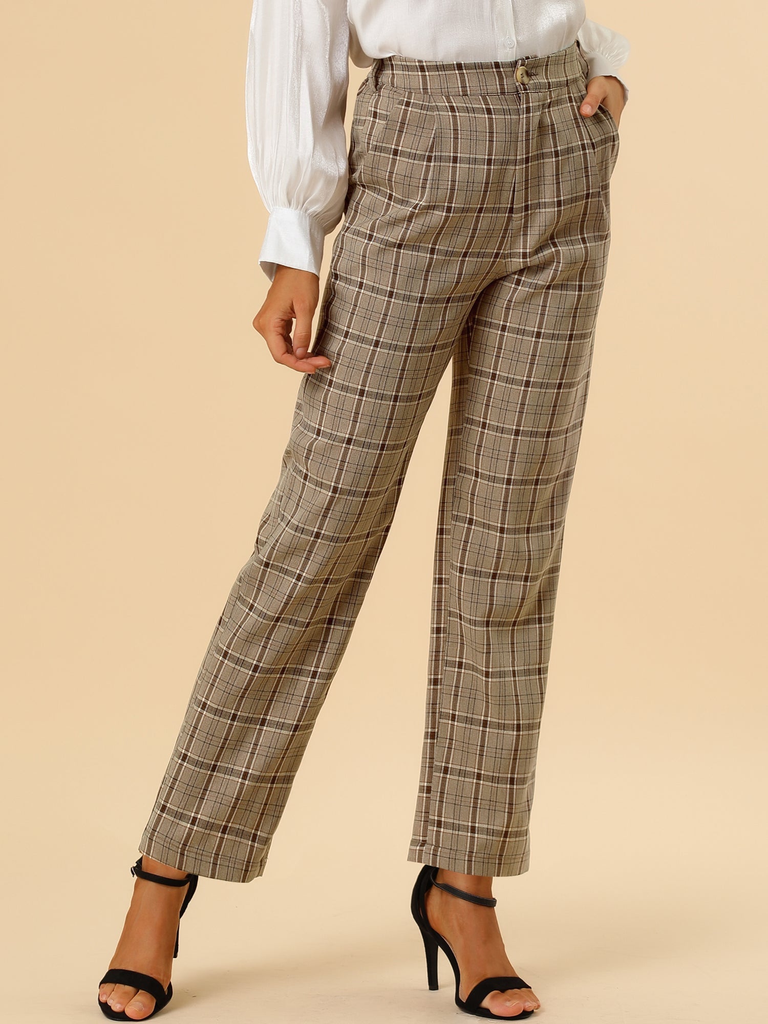 Plaid Elastic Waist Casual Work Office Long Pants
