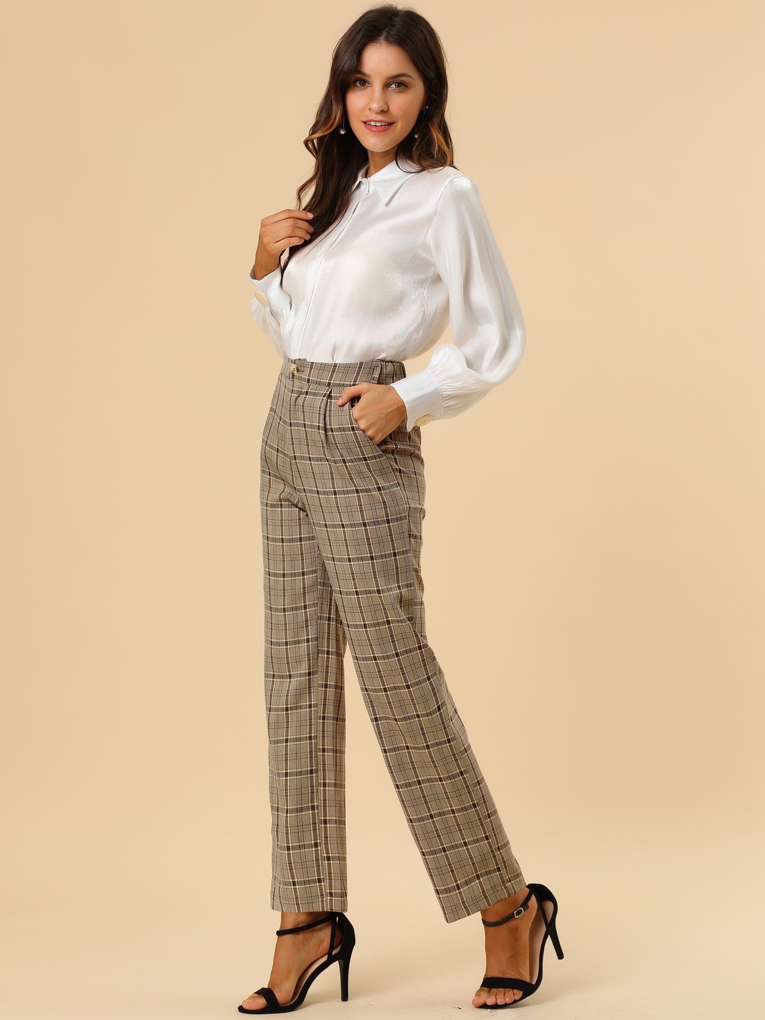 Plaid Elastic Waist Casual Work Office Long Pants