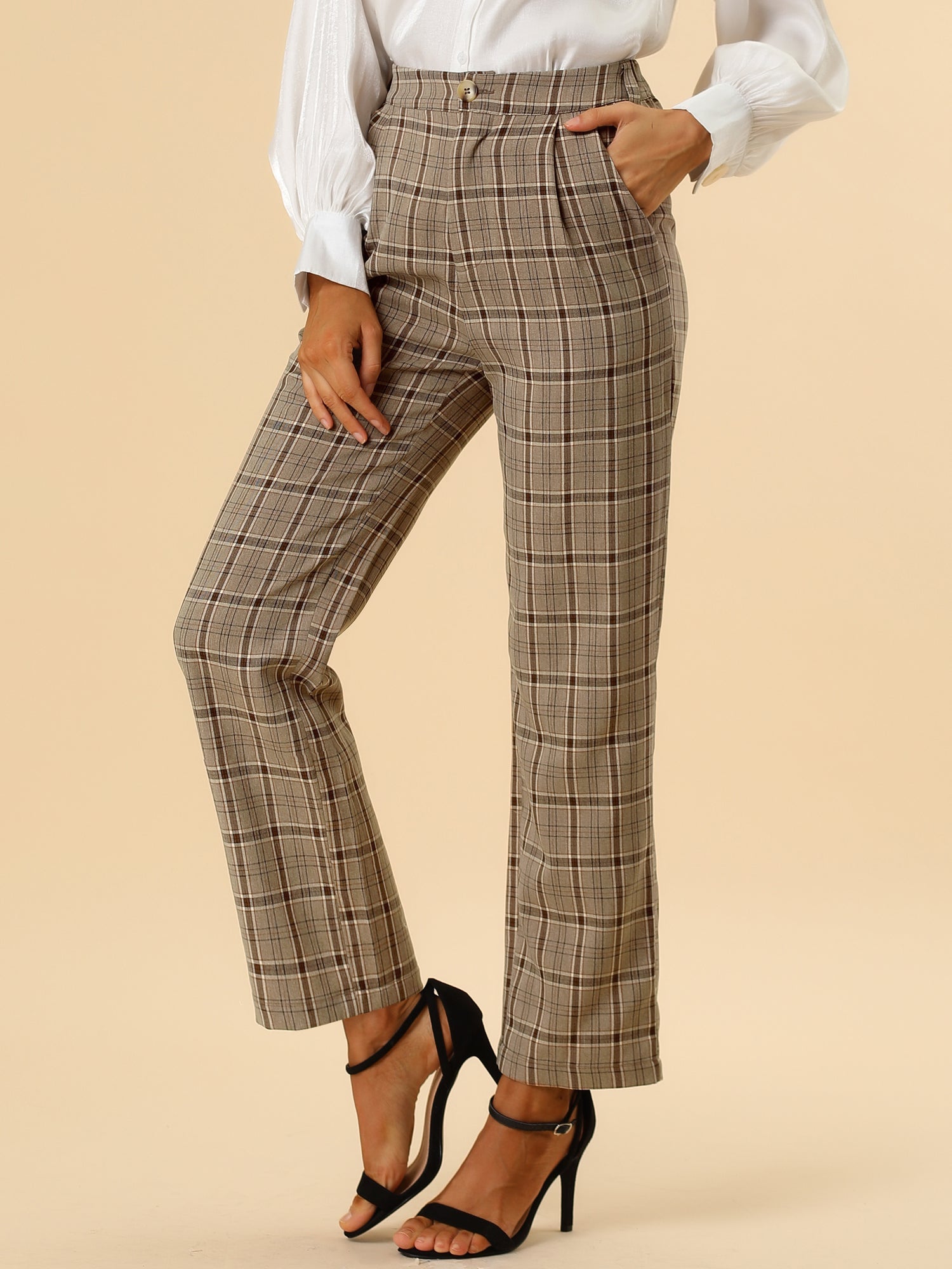 Plaid Elastic Waist Casual Work Office Long Pants