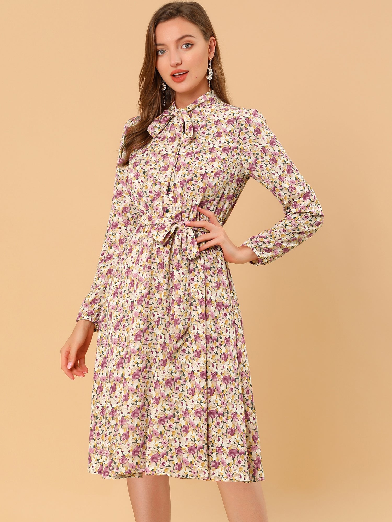 Tie Neck Chiffon Long Sleeve Belted Vintage Floral Dress