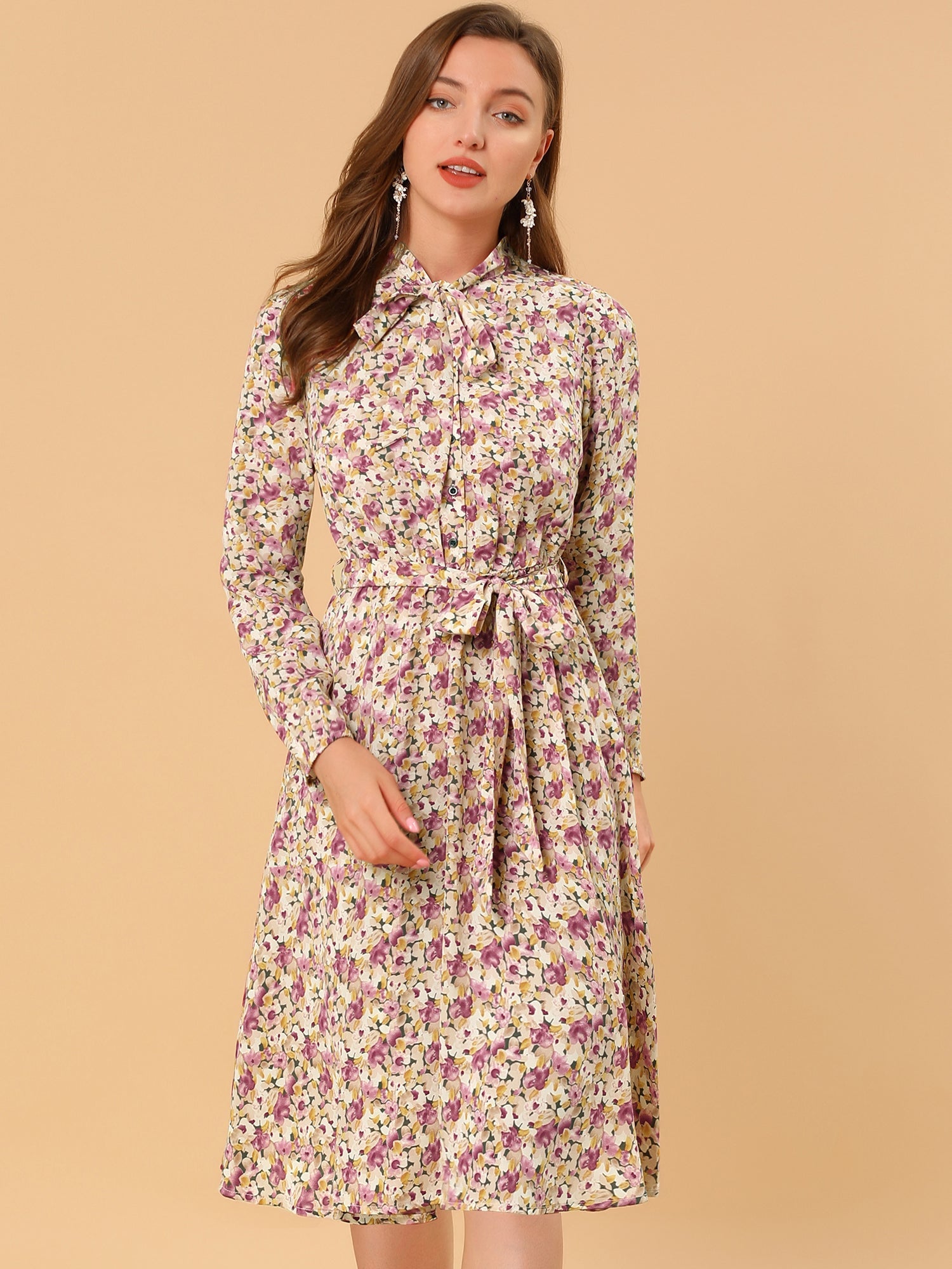 Tie Neck Chiffon Long Sleeve Belted Vintage Floral Dress