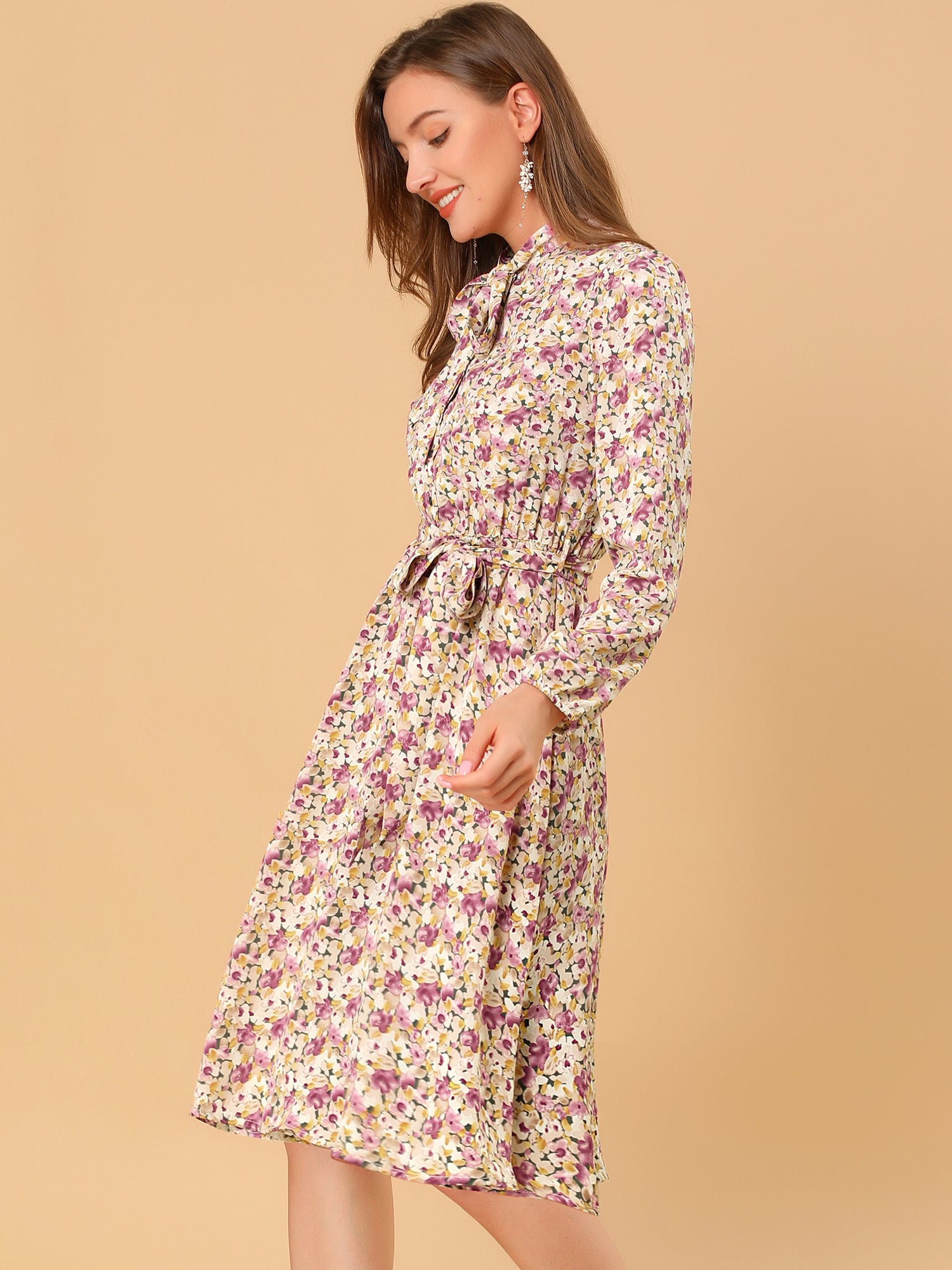 Tie Neck Chiffon Long Sleeve Belted Vintage Floral Dress