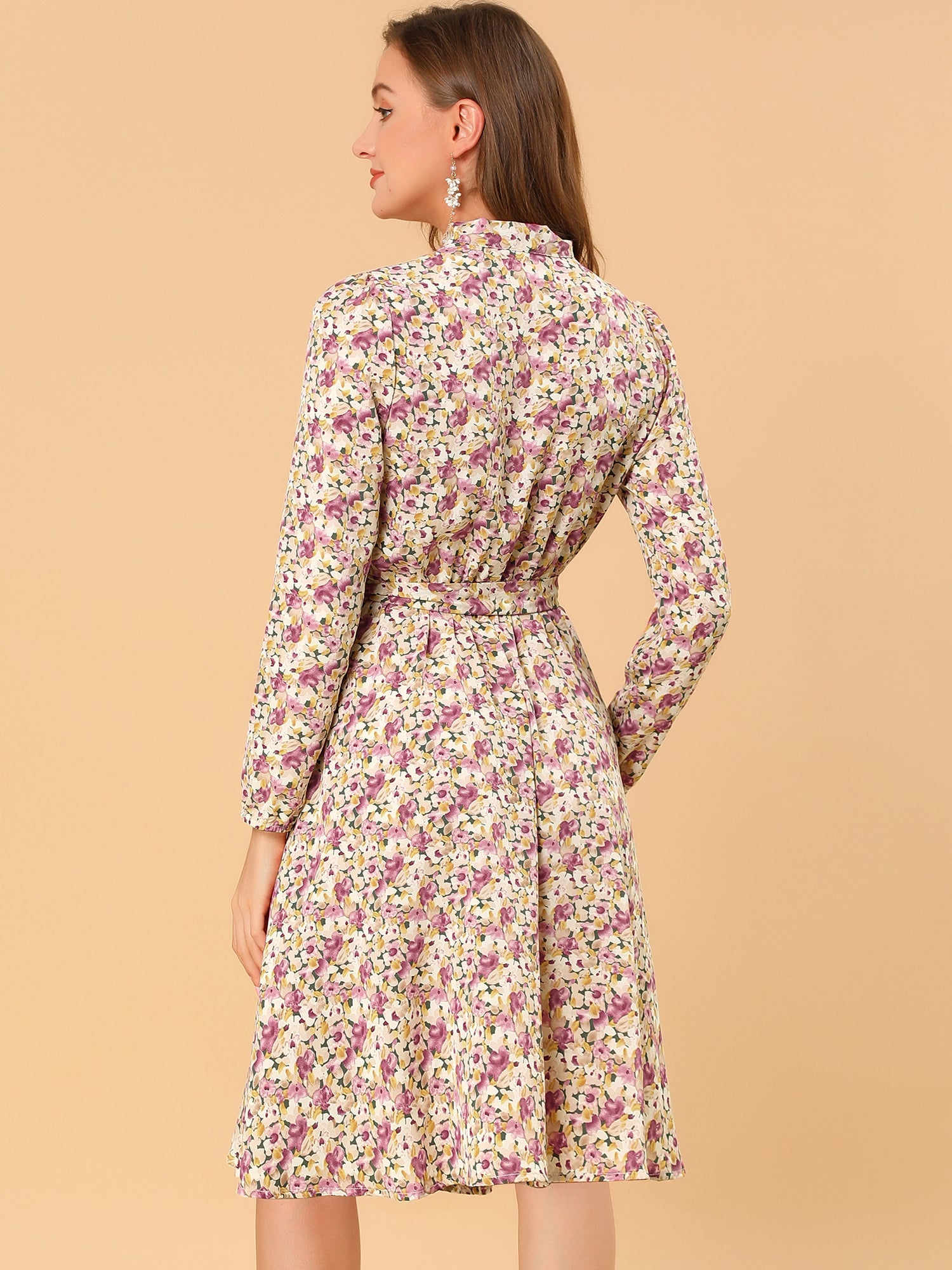 Tie Neck Chiffon Long Sleeve Belted Vintage Floral Dress