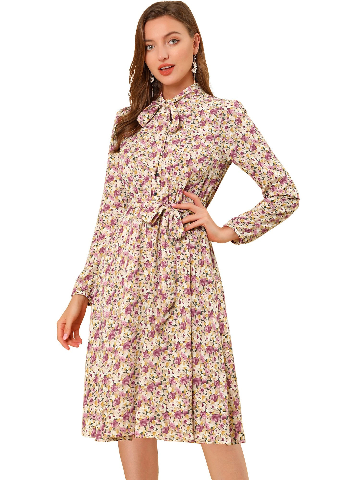 Tie Neck Chiffon Long Sleeve Belted Vintage Floral Dress