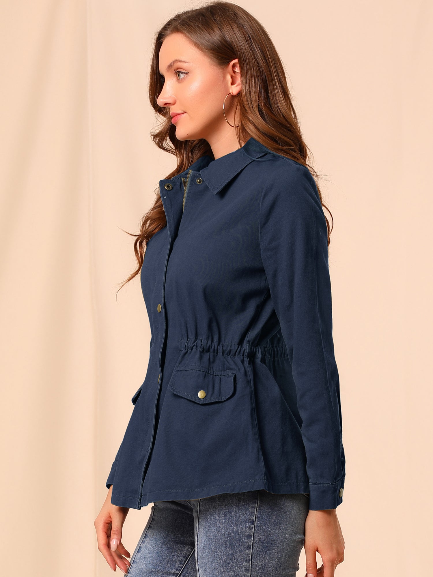 Drawstring Waist Flap Pocket Lightweight Utility Safari Jacket