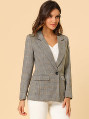 Plaid Notched Lapel One Button Houndstooth Blazer Jacket
