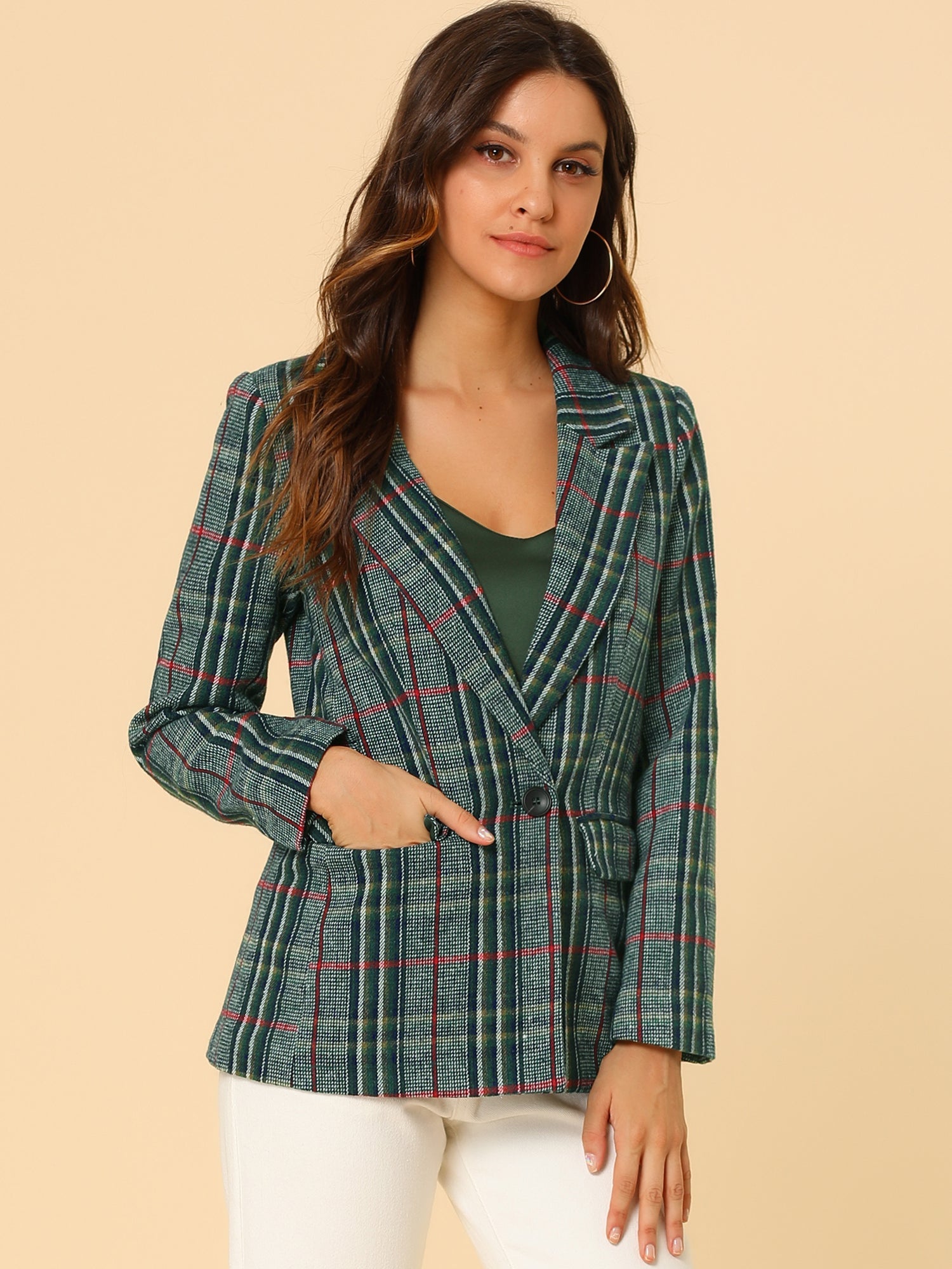 Plaid Notched Lapel One Button Houndstooth Blazer Jacket
