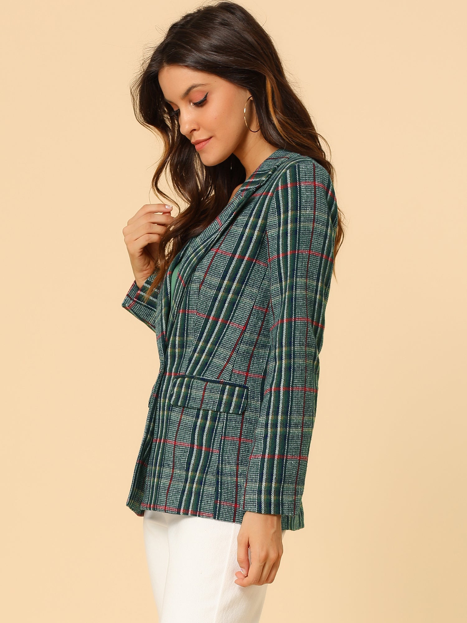 Plaid Notched Lapel One Button Houndstooth Blazer Jacket