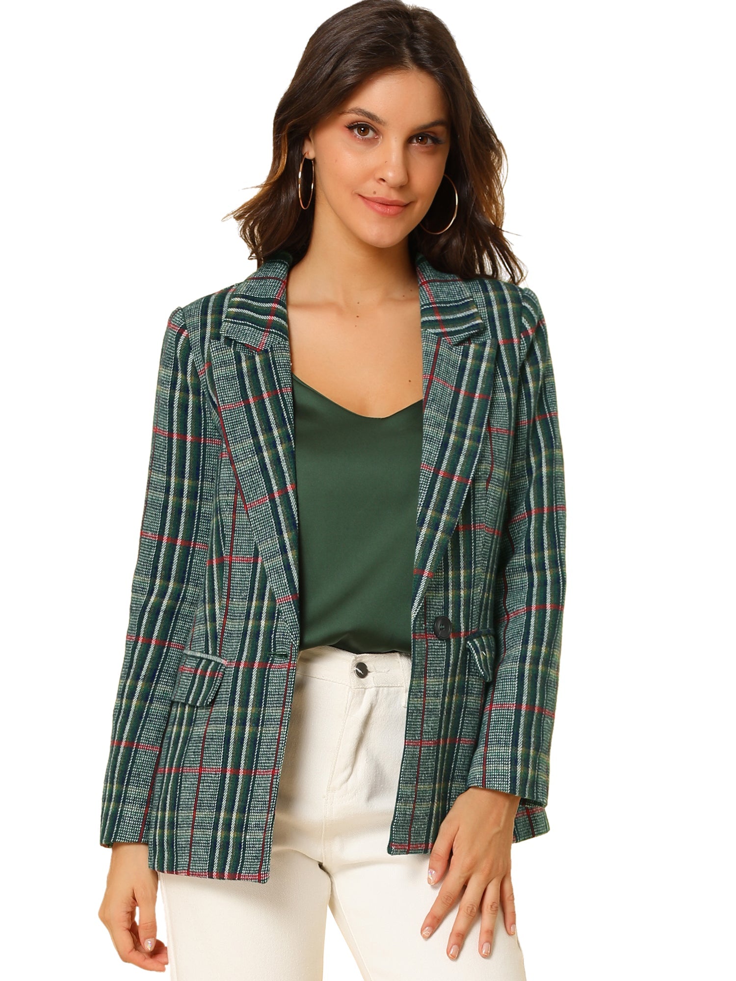 Plaid Notched Lapel One Button Houndstooth Blazer Jacket