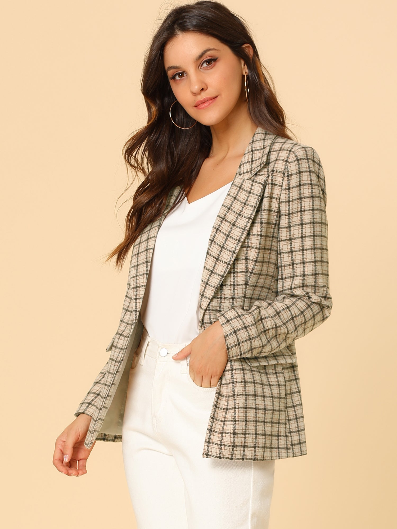 Plaid Notched Lapel One Button Houndstooth Blazer Jacket