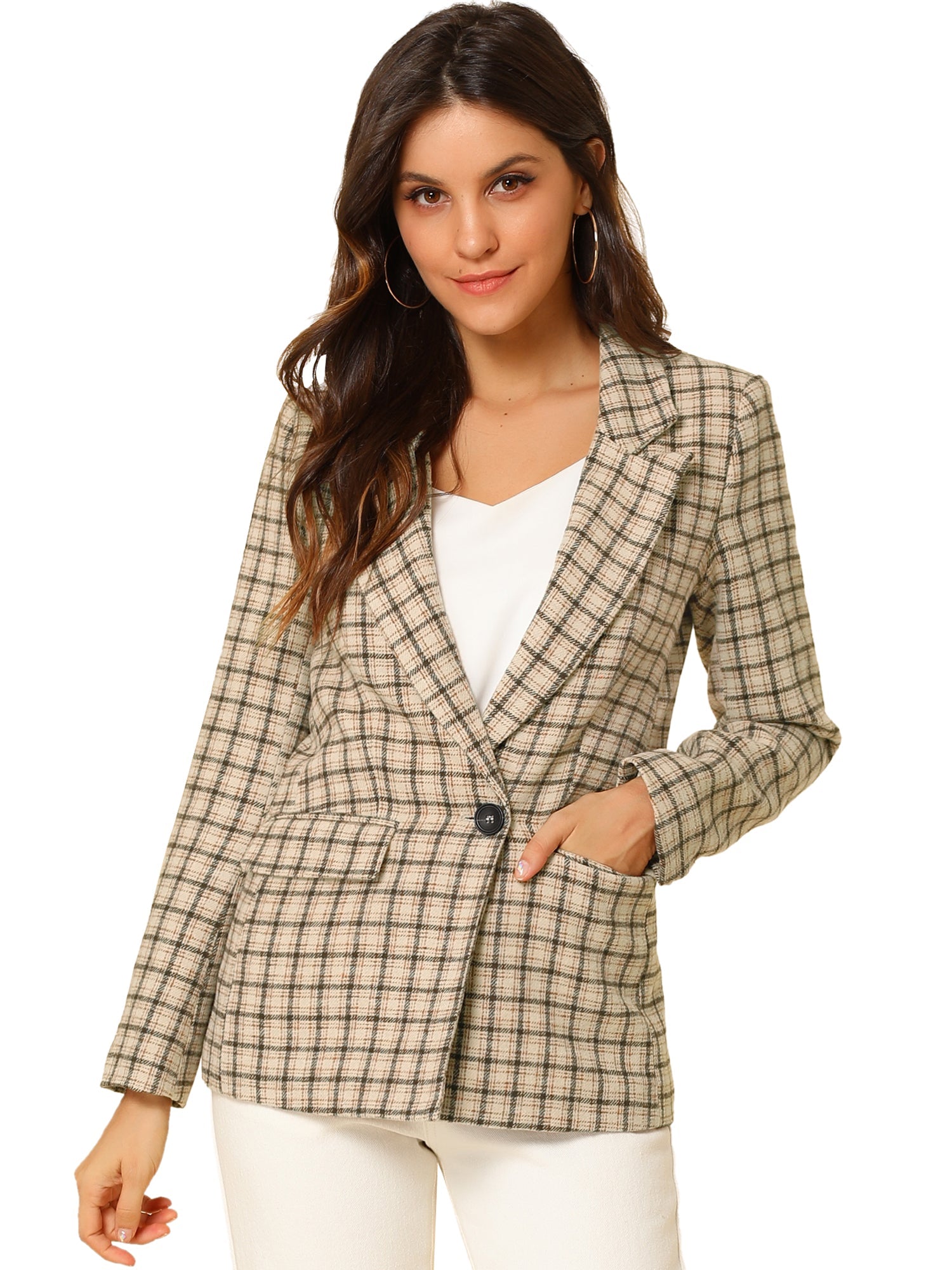 Plaid Notched Lapel One Button Houndstooth Blazer Jacket