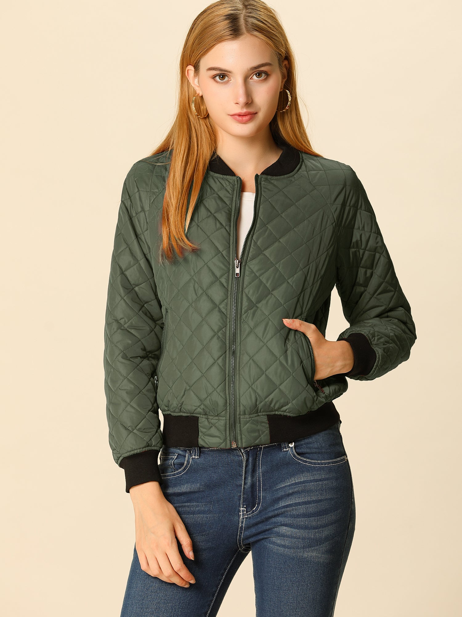 Casual Zip Up Raglan Long Sleeve Quilted Bomber Jacket