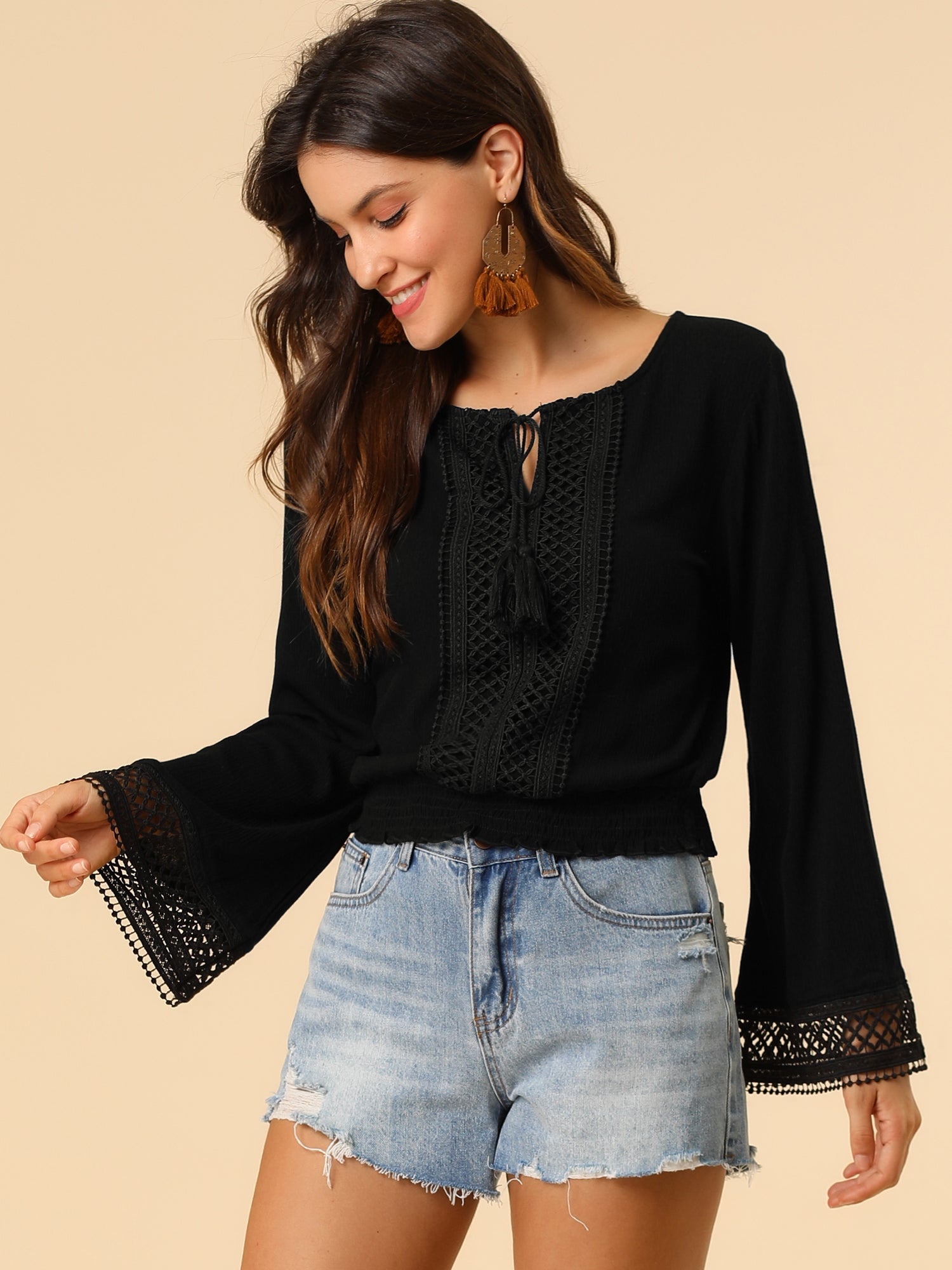 Boho Beach Blouse Bell Sleeve Lace Trim Tie Neck Peasant Smocked Top