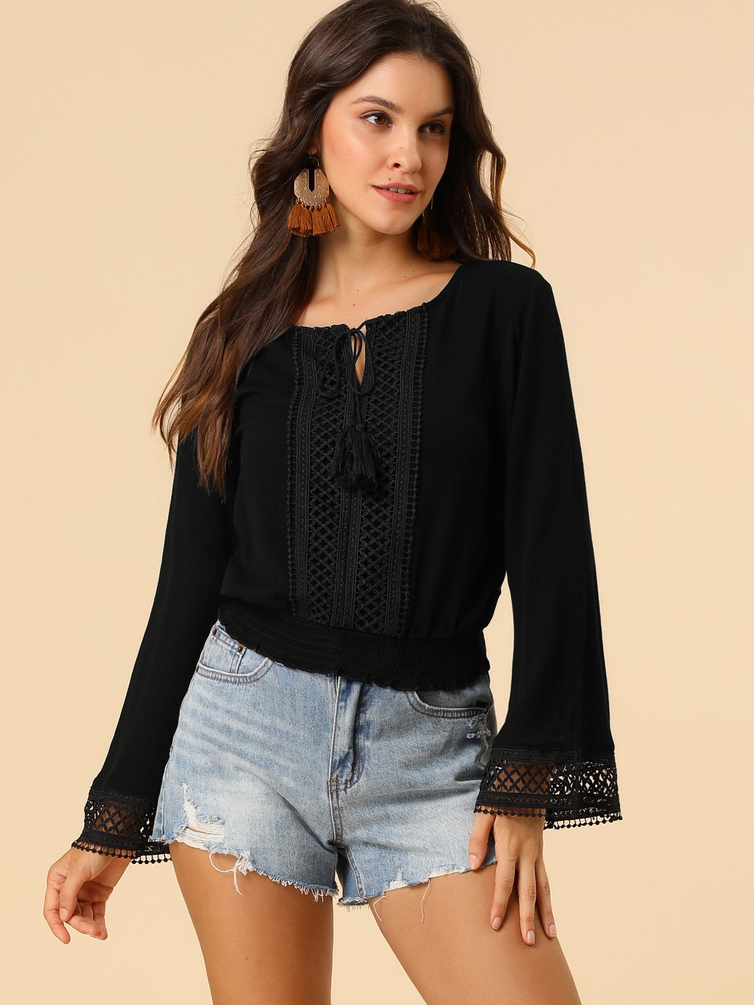 Boho Beach Blouse Bell Sleeve Lace Trim Tie Neck Peasant Smocked Top