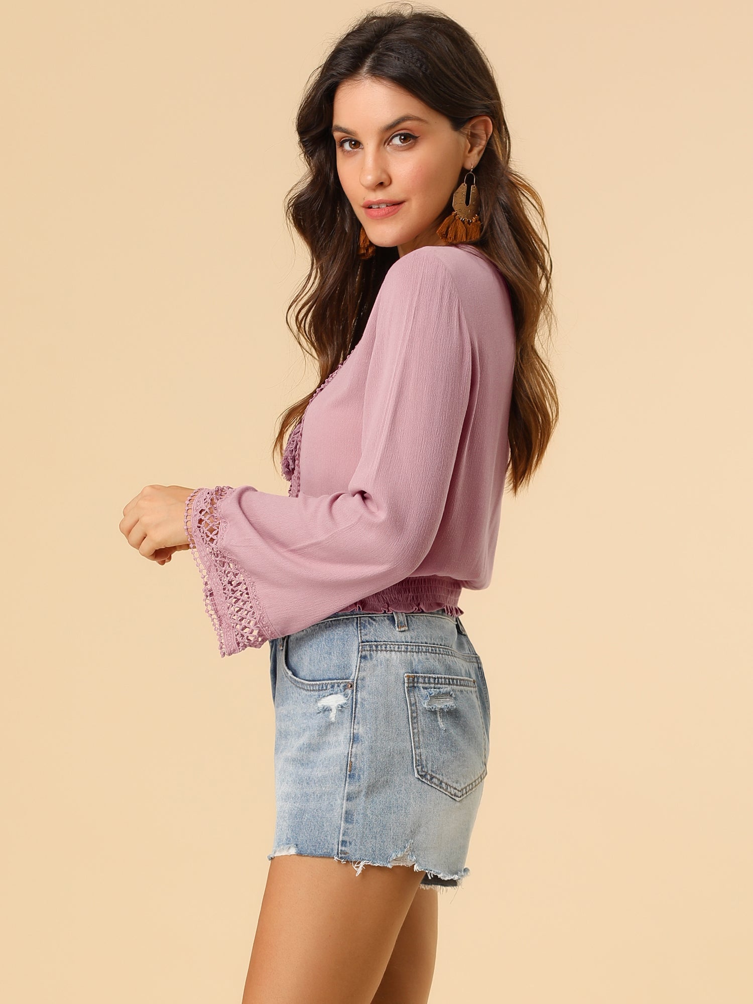 Boho Beach Blouse Bell Sleeve Lace Trim Tie Neck Peasant Smocked Top
