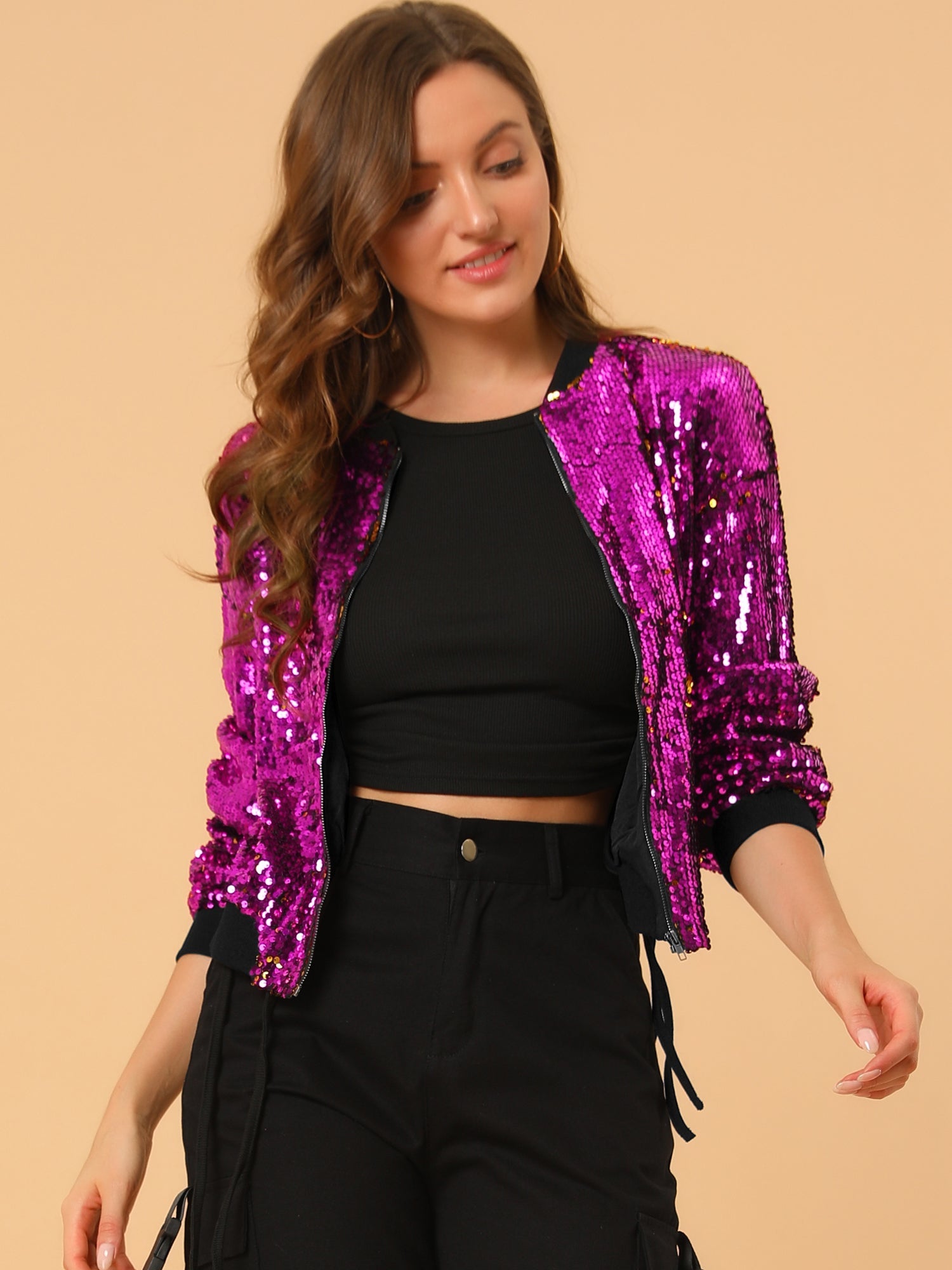 Sequin Sparkle Party Long Sleeve Zipper Bomber Jacket