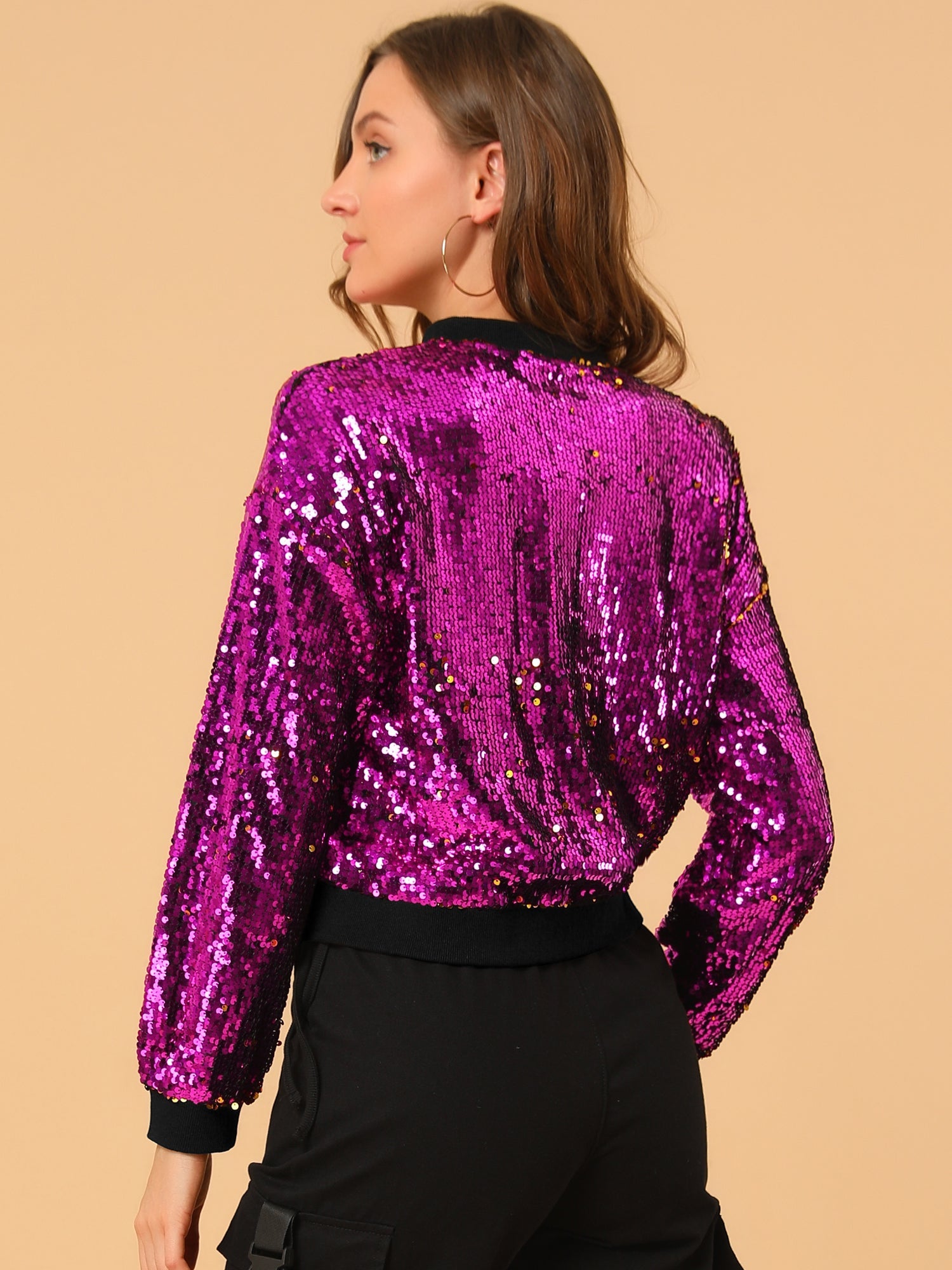 Sequin Sparkle Party Long Sleeve Zipper Bomber Jacket