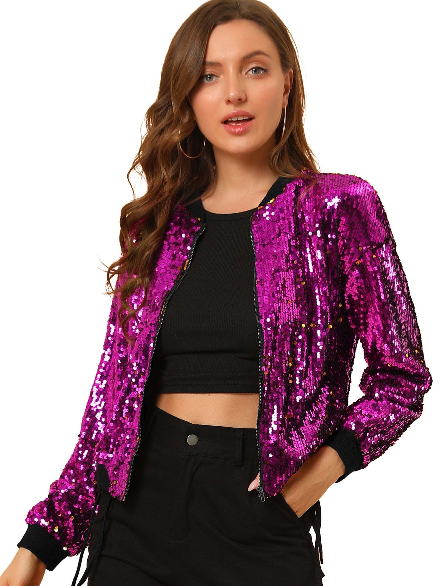 Sequin Sparkle Party Long Sleeve Zipper Bomber Jacket