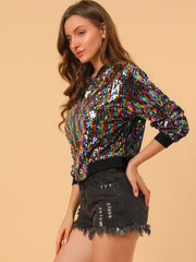 Sequin Sparkle Party Long Sleeve Zipper Bomber Jacket