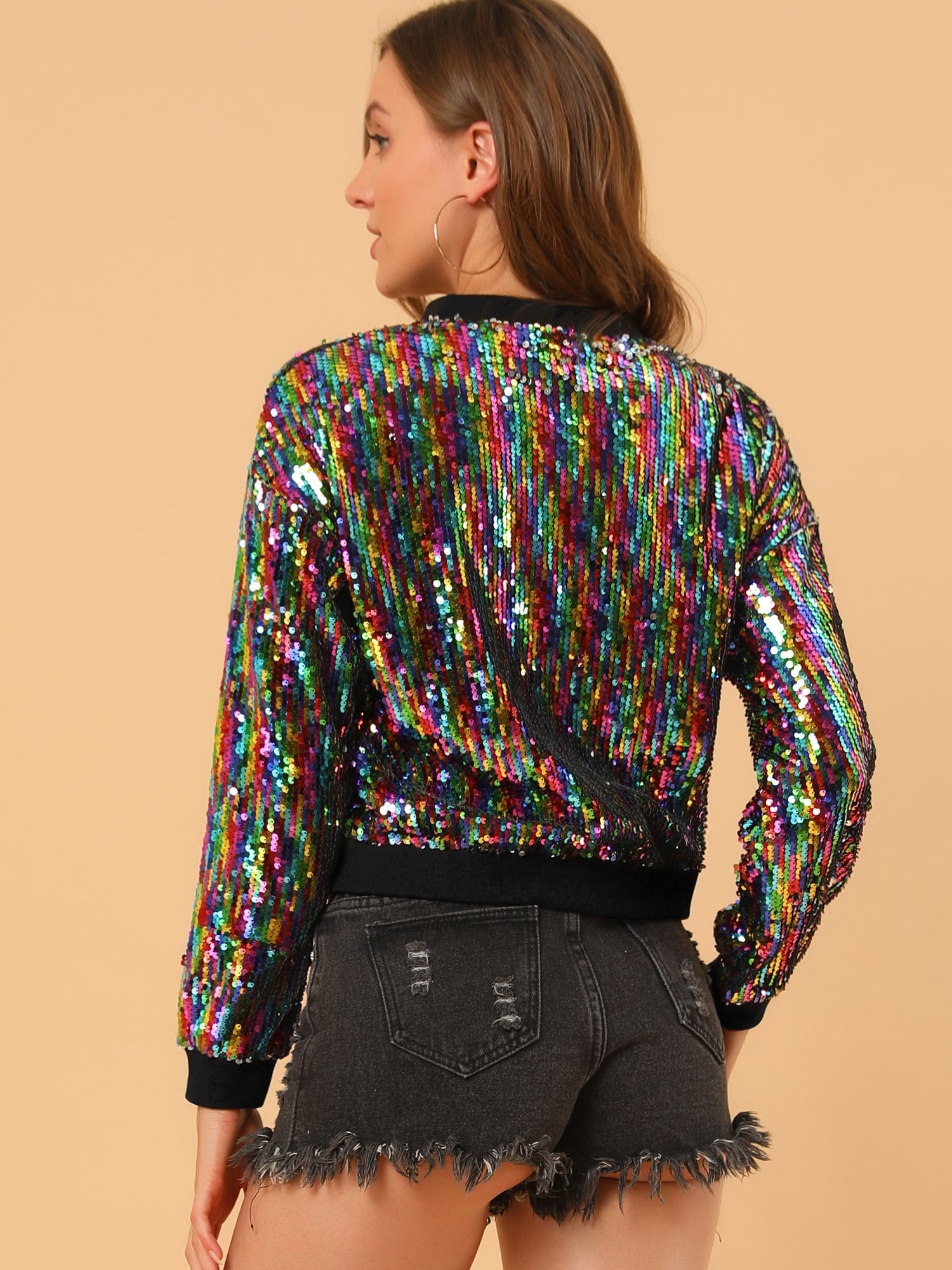 Sequin Sparkle Party Long Sleeve Zipper Bomber Jacket