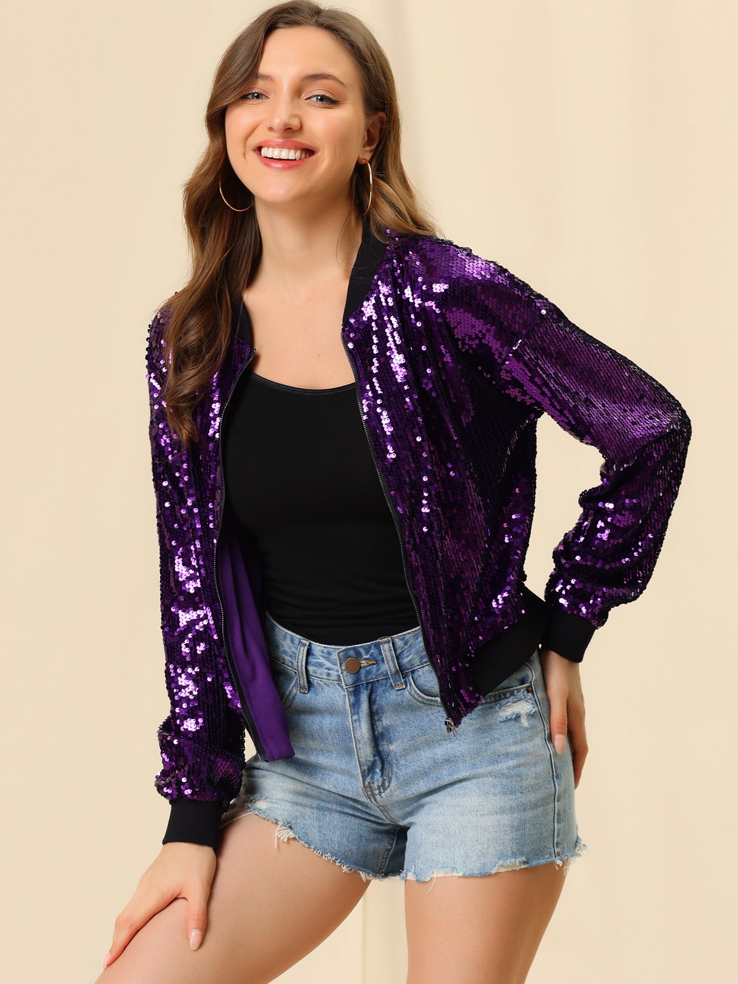 Sequin Sparkle Party Long Sleeve Zipper Bomber Jacket