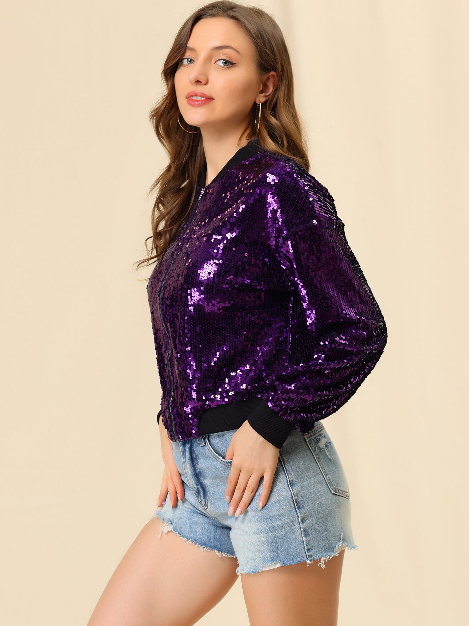 Sequin Sparkle Party Long Sleeve Zipper Bomber Jacket