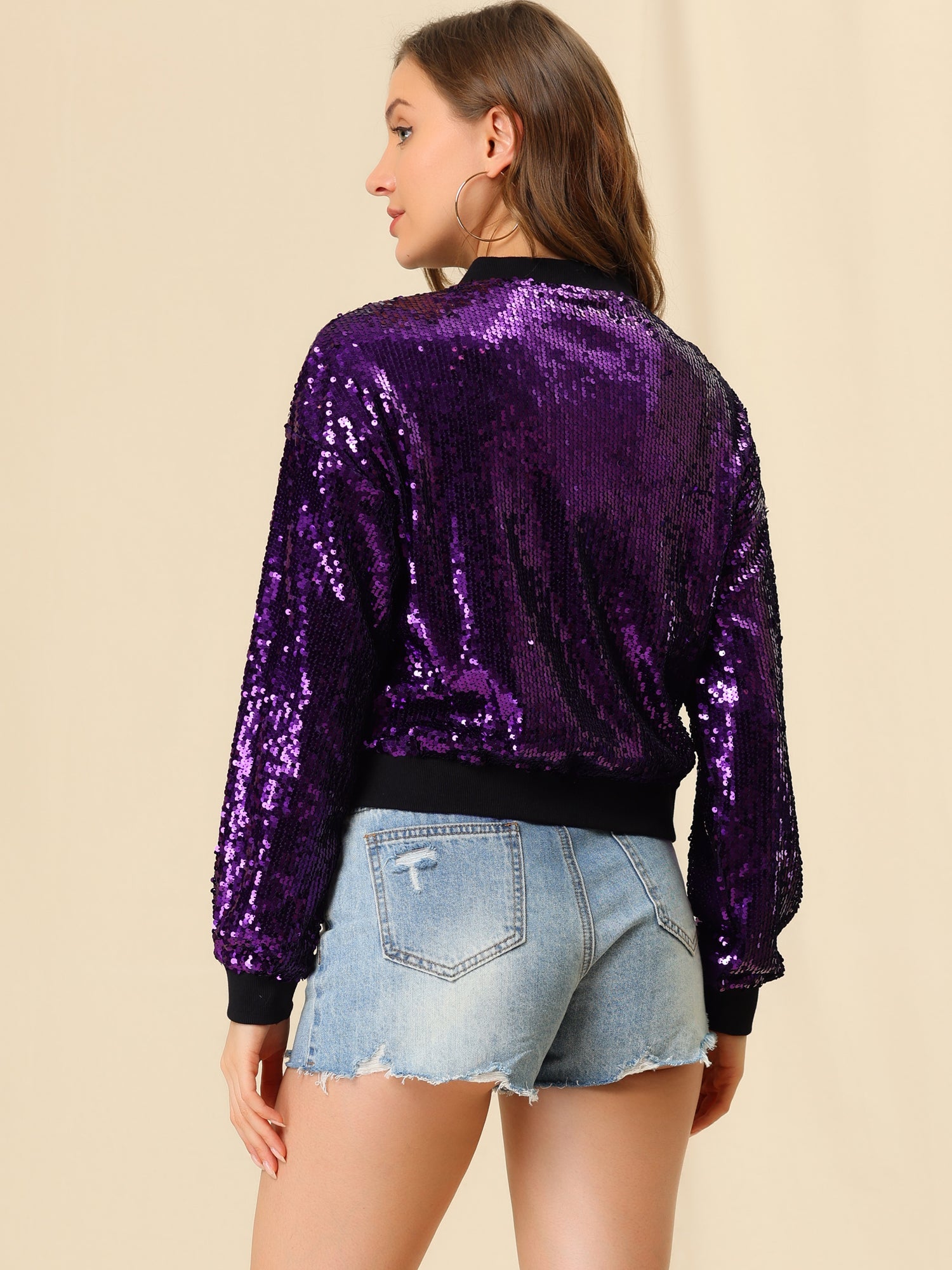 Sequin Sparkle Party Long Sleeve Zipper Bomber Jacket