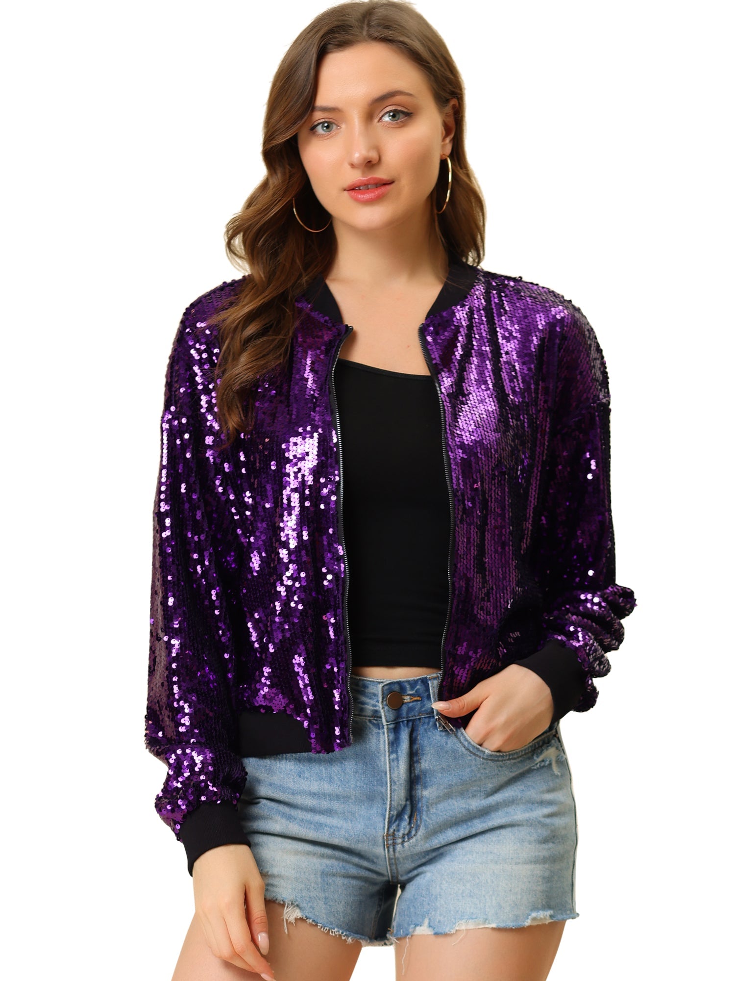 Sequin Sparkle Party Long Sleeve Zipper Bomber Jacket