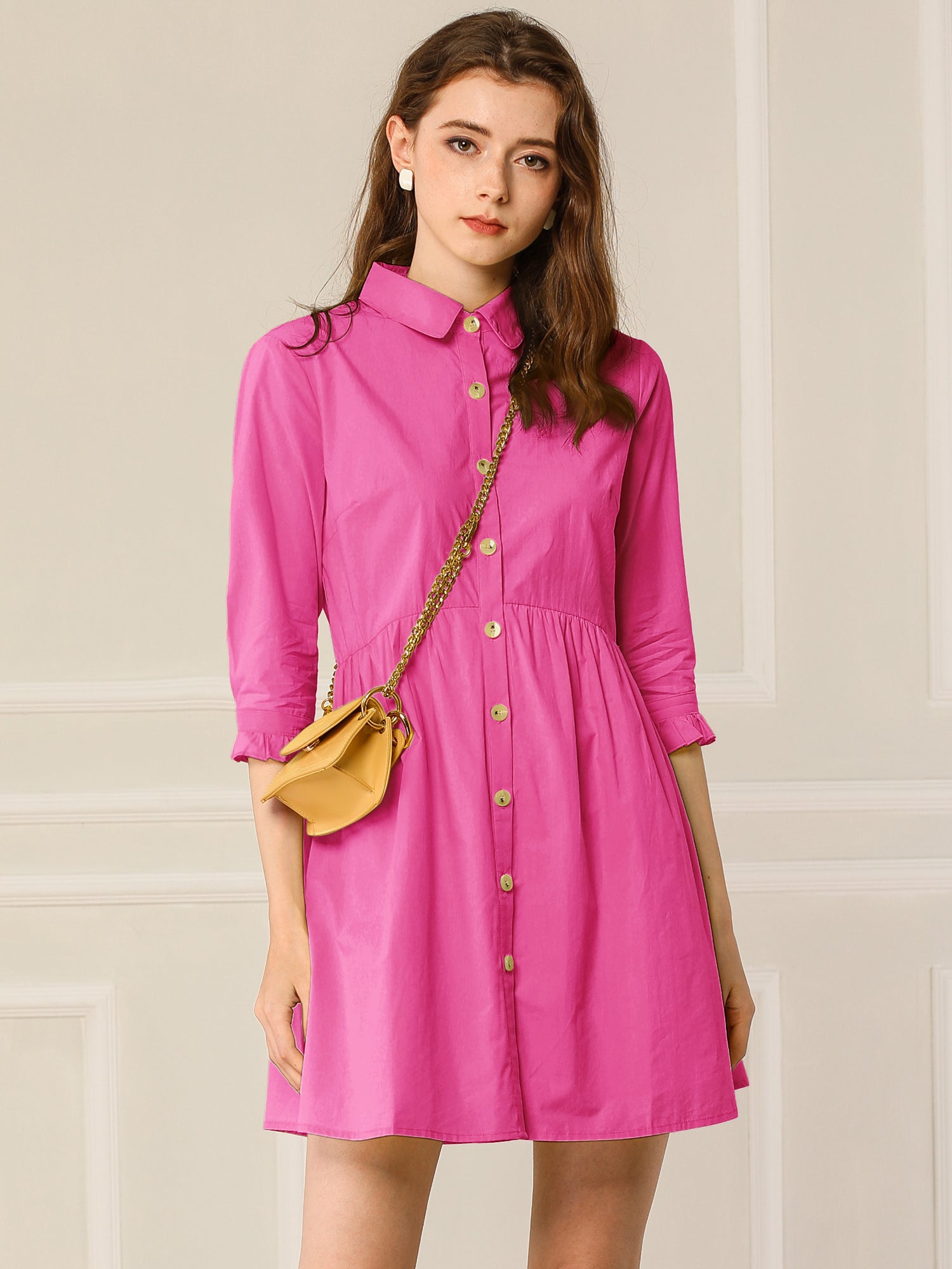 Ruched 3/4 Sleeve Button Up Casual Mini Shirt Dress