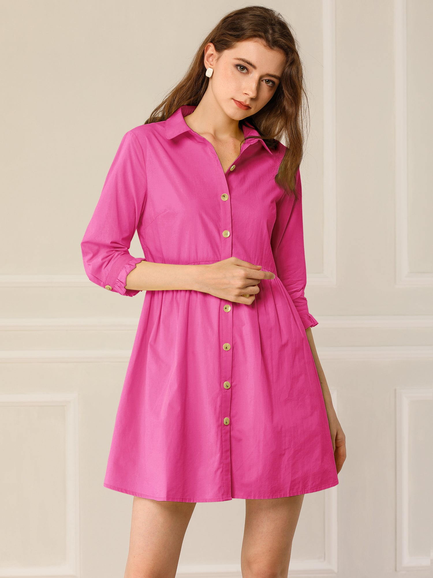 Ruched 3/4 Sleeve Button Up Casual Mini Shirt Dress