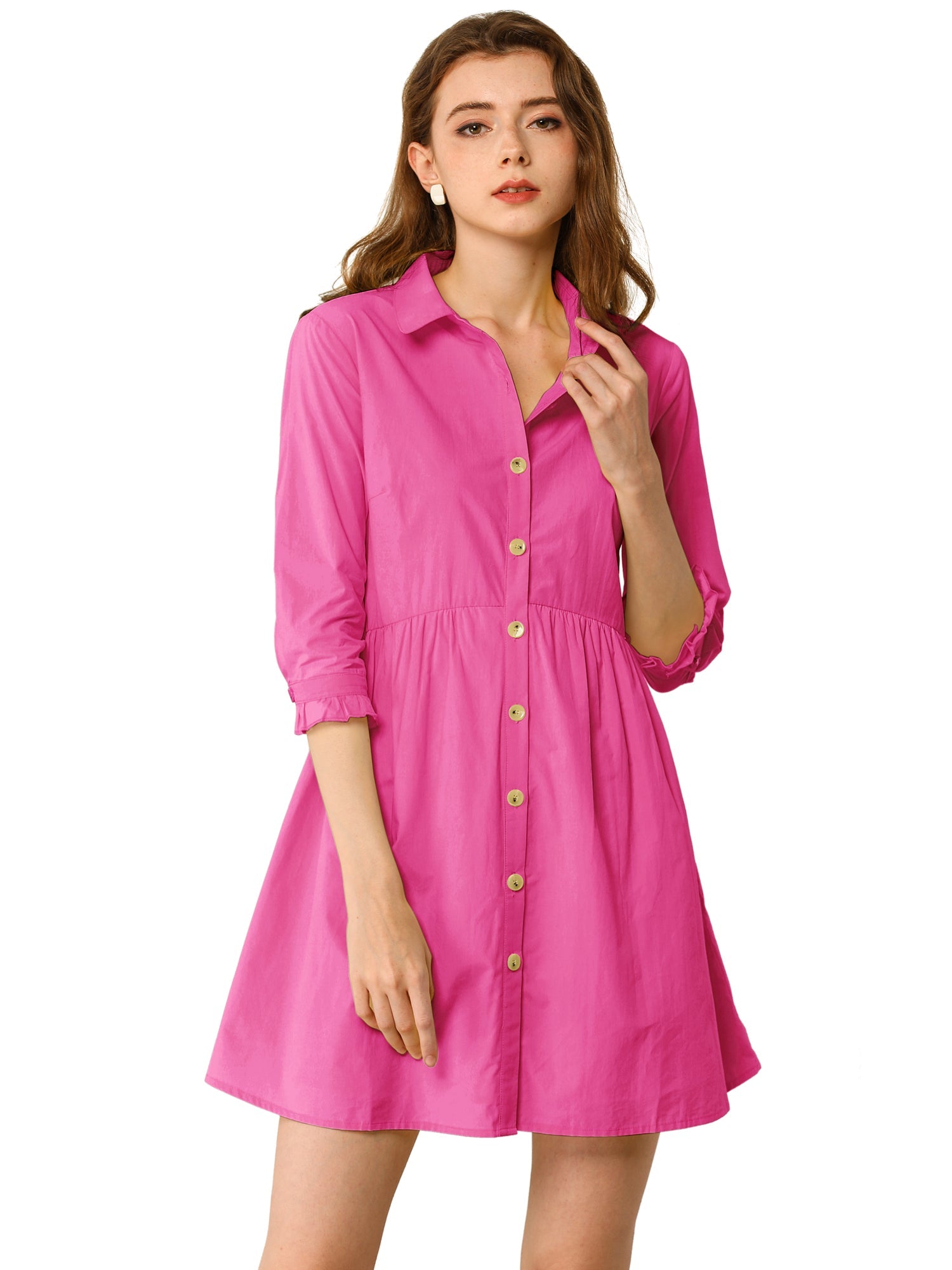 Ruched 3/4 Sleeve Button Up Casual Mini Shirt Dress