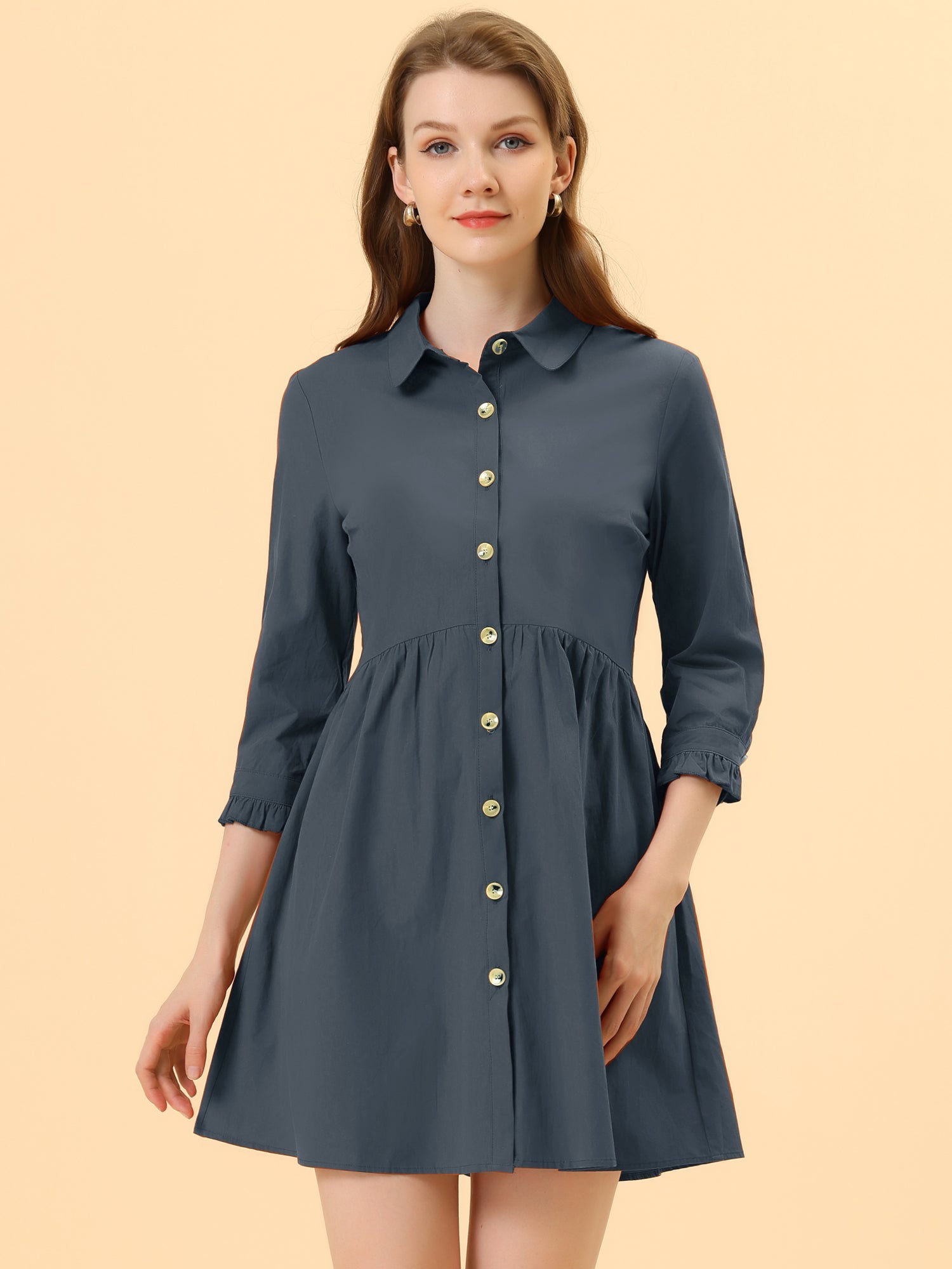 Ruched 3/4 Sleeve Button Up Casual Mini Shirt Dress
