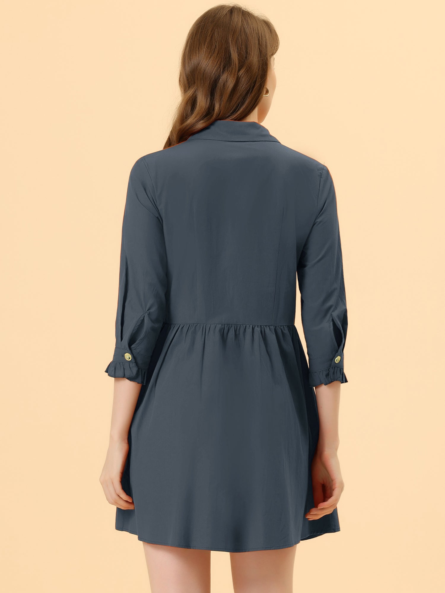 Ruched 3/4 Sleeve Button Up Casual Mini Shirt Dress
