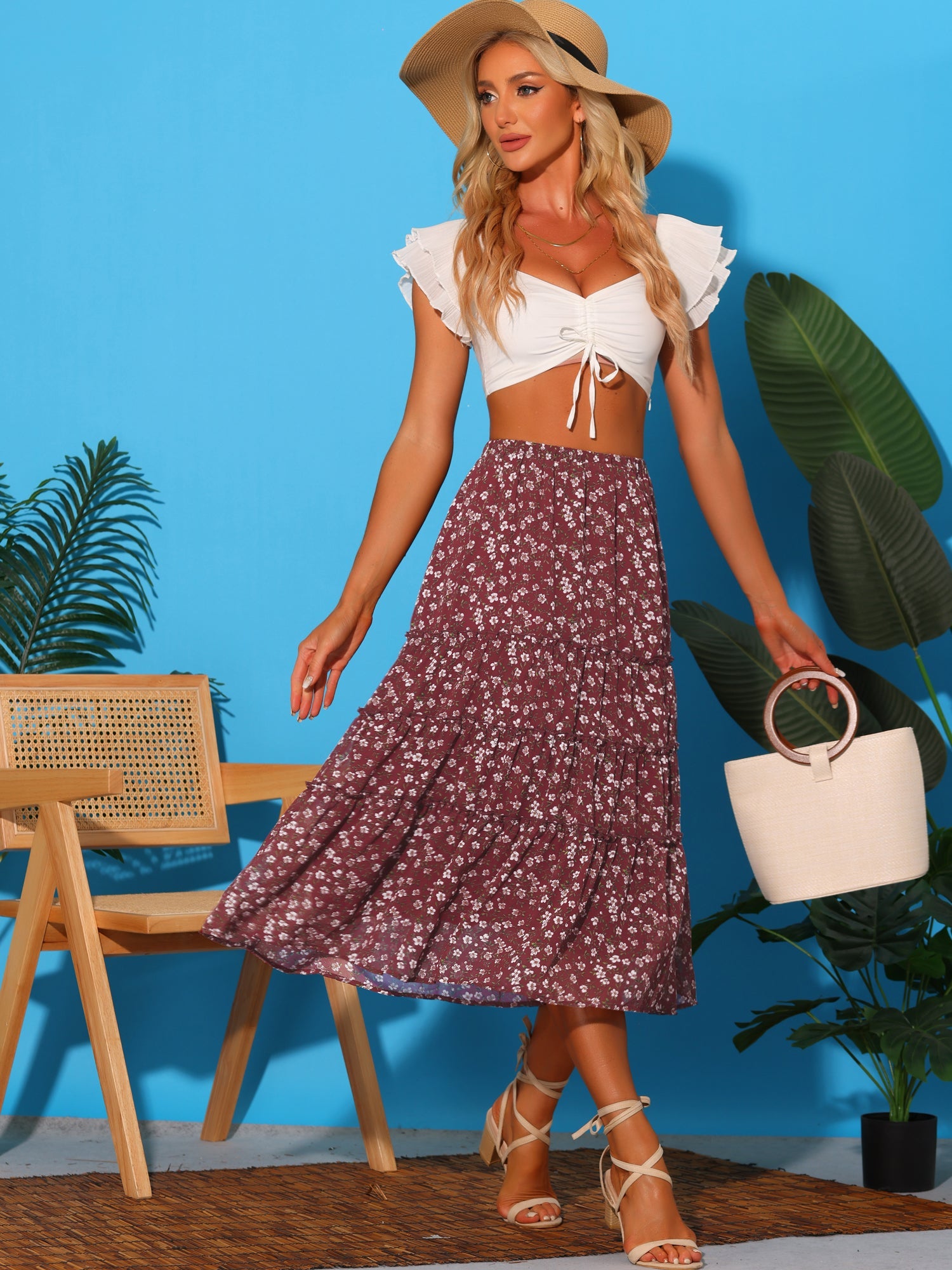 Ruffle Boho Chiffon Floral Printed Long Tiered Midi Skirt