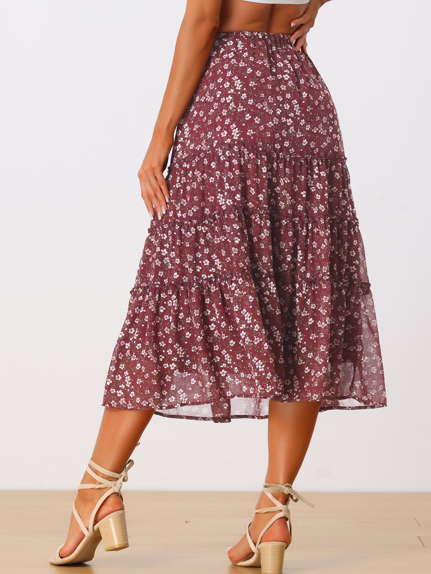 Ruffle Boho Chiffon Floral Printed Long Tiered Midi Skirt