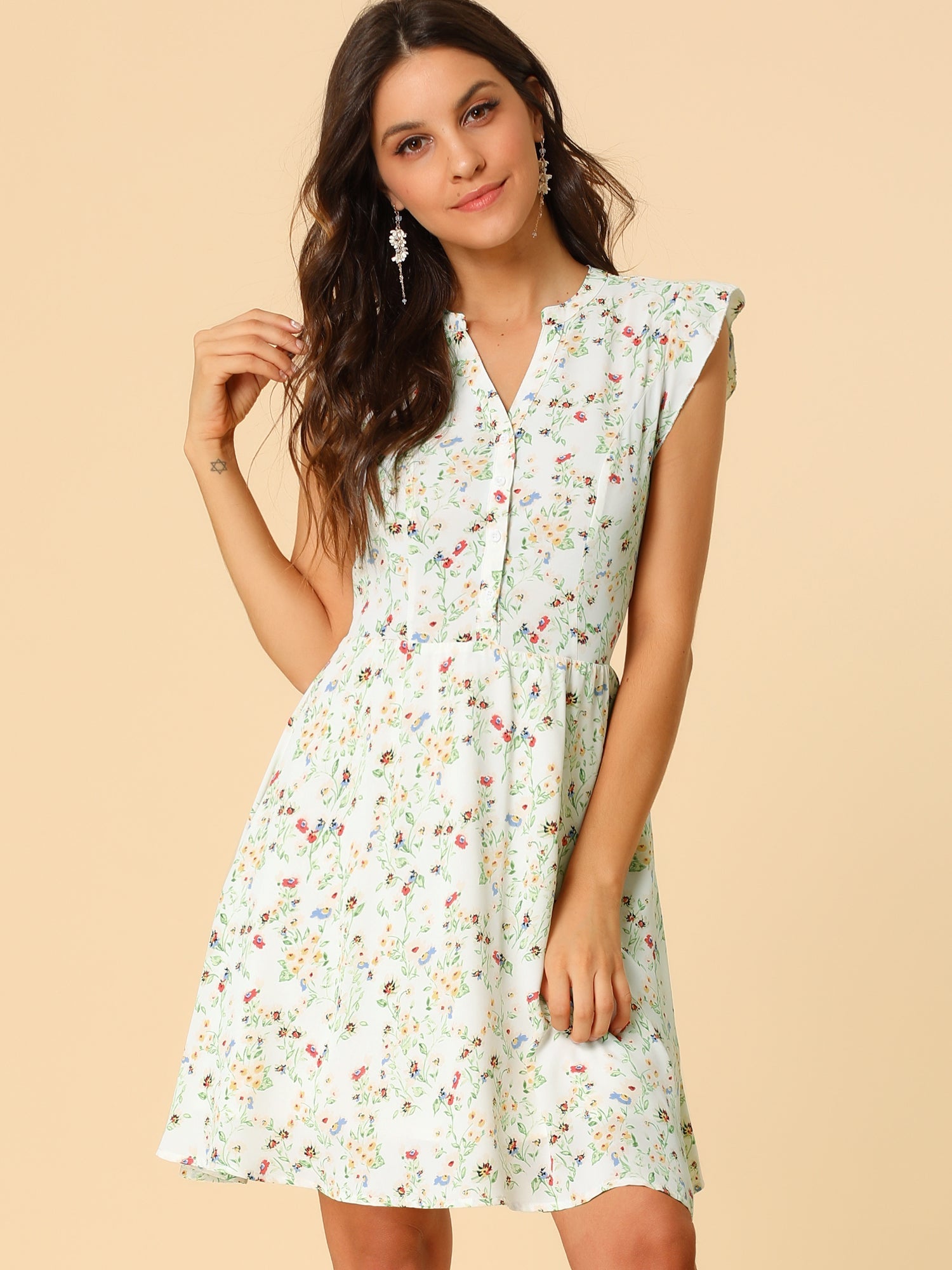 Flutter Sleeve Ruffle A-Line Flowy Chiffon Dress